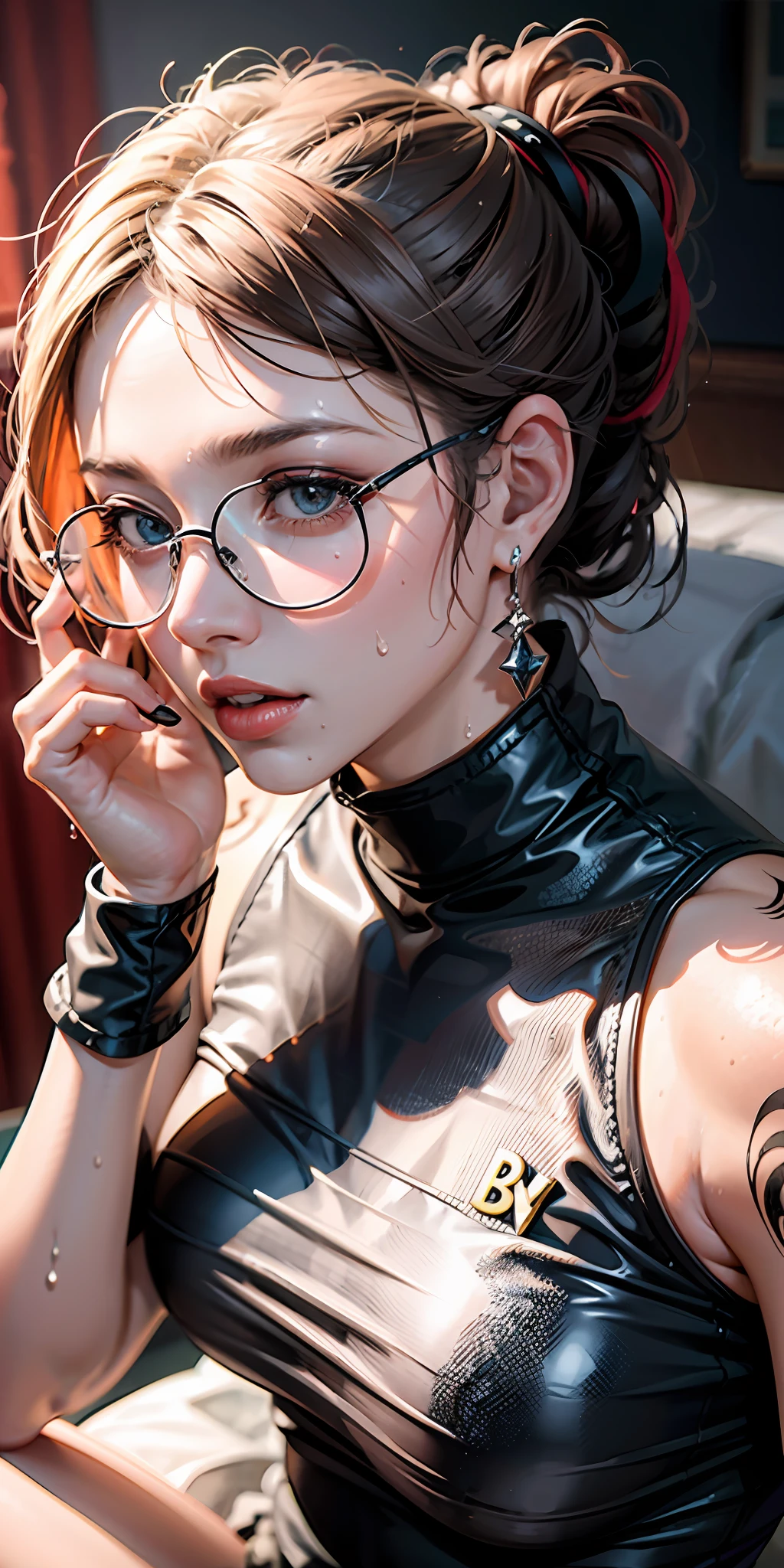one-girl,circle glasses，Tattooed with， One-piece turtleneck white sleeveless sweater, Long white cotton socks, The lips are slightly open, Red-faced, Wet hair，Sweat all over the body，sit on a bed, crisp breasts, Convex buttocks, Grab your chest with both hands，Detailed background, Clothing details, perfectly proportioned, Multiple perspectives，filmgrain, Fuji colors, lightand shade contrast, tmasterpiece, high detal, high qulity, A high resolution, Cinematic lighting, 8K, Textured skin, Super detail