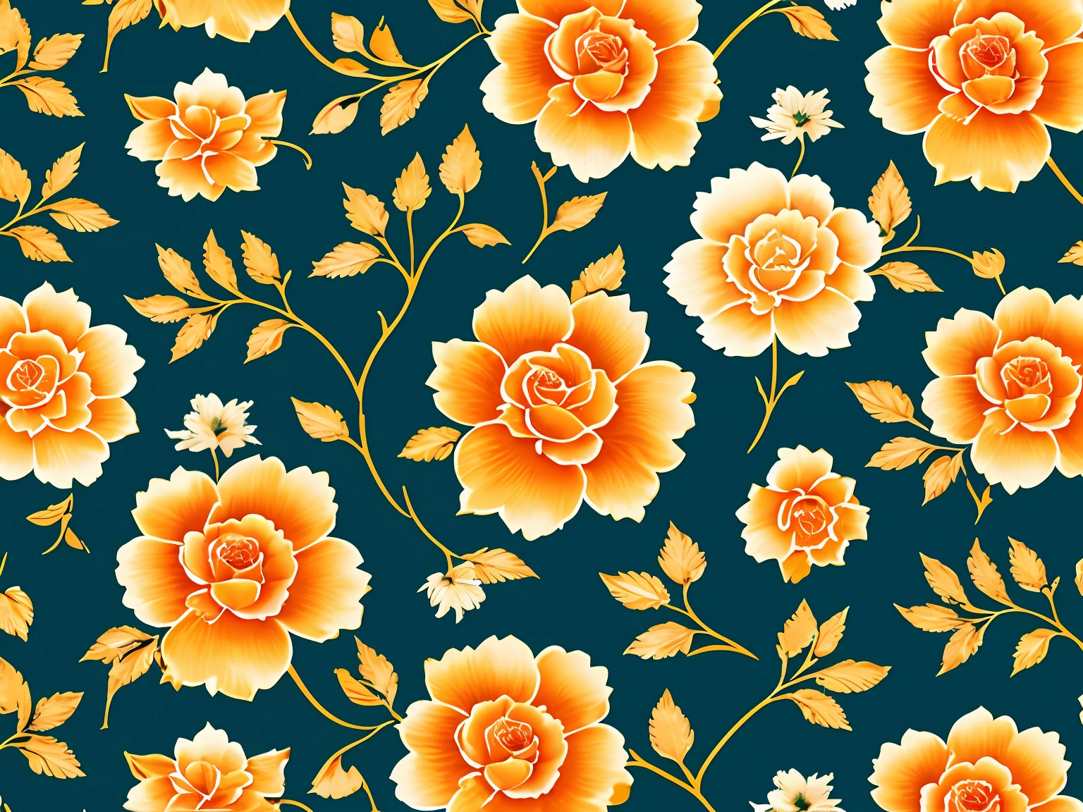 Elegant Vintage Flower Pattern, (use colours Deep Blue, Ocean Teal, Muted Gold, Soft Orange, Burnt Sienna), oil painted, roses, Scrapbook paper, uplighted, pale background, high contrast, bright beautiful colors, diagonal alignment, seamless pattern