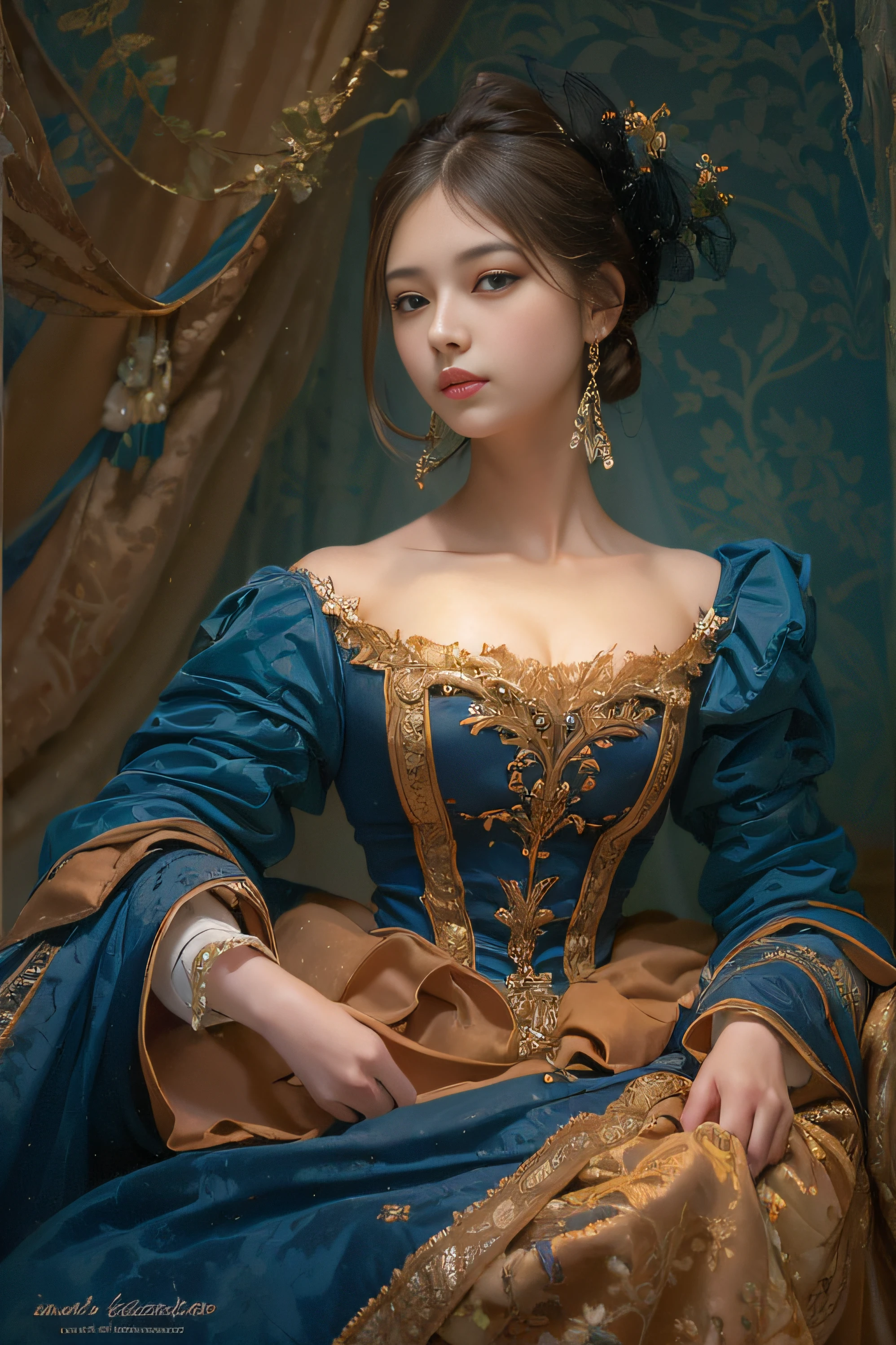Hay una mujer con un vestido azul y una bufanda oro, hermosa doncella, beautiful fantasy maiden, Pintura digital renacentista, inspirado en Pierre Auguste Cot, Retrato de una hermosa diosa, beautiful fantasy portrait, Una hermosa mujer victoriana, romanticism portrait, in the art style of bowater, beautiful fantasy art portrait, inspired by Théodore Chassériau