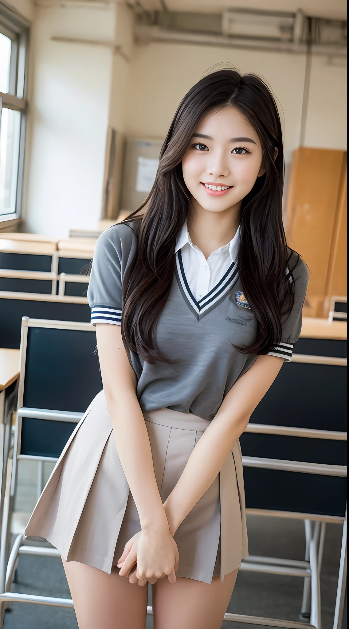 "Generate a surreal, Highly detailed, and high-resolution images of school beauties standing in a school environment. She should be the epitome of youthful charm and elegance, The school uniform fits her figure perfectly. Her hair should be styled at will, But beautiful, Add to her charm. She was supposed to wear a short skirt as part of a Japanese high school uniform, Show off her long stories, Fair legs. Her face should be very detailed, It has beautiful and refined features, She should have a warm smile. She should have a big bust, Increase her charm. The background should be a random school setting, Full of elements such as desks, a chair, Lockers, or blackboard. The lighting should be natural, Flows in from the window, Cast a soft glow on her. The colors should be vibrant yet natural, Enhance the overall mood of the image. The composition should be balanced, Take center stage with campus beauty.”