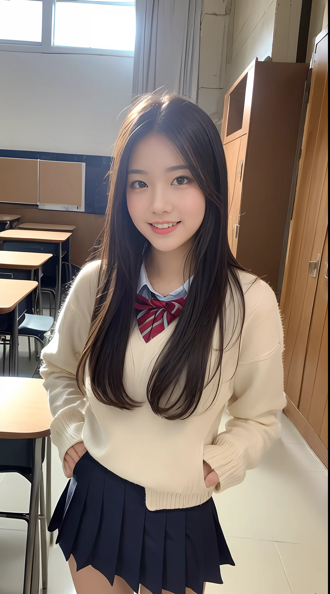 “Generate a hyper-realistic, highly detailed, and high-resolution image of a school beauty standing in a school environment. She should be the epitome of youthful charm and elegance, with her school uniform perfectly fitting her figure. Her hair should be styled casually, yet beautifully, adding to her charm. She should be wearing a short skirt as part of her Japanese high school uniform, showcasing her long, fair legs. Her face should be highly detailed, with beautiful and delicate features, and she should be wearing a warm smile. She should have a large bust, adding to her allure. The background should be a random school setting, filled with elements like desks, chairs, lockers, or a blackboard. The lighting should be natural, streaming in from the windows, casting a soft glow on her. The colors should be vibrant yet natural, enhancing the overall mood of the image. The composition should be well-balanced, with the school beauty taking center stage.”