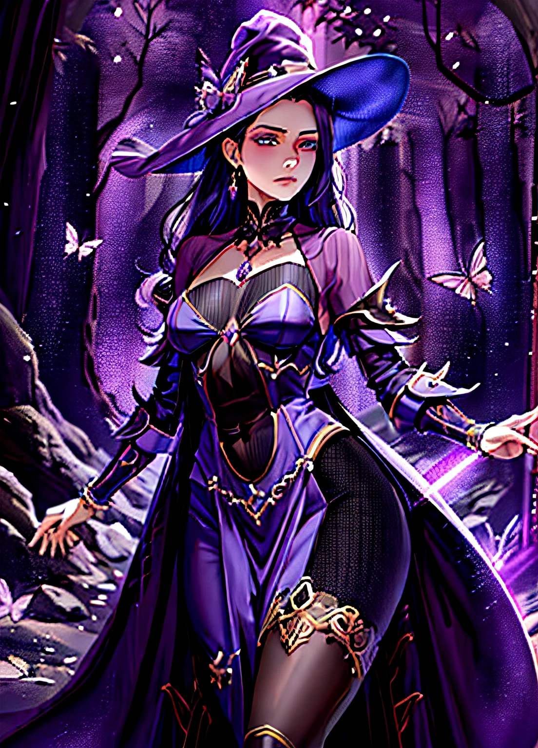Beautiful witch，Wearing a purple dress and hat，holding a sword，Fantasy art style，HD 2.5D CGI anime fantasy artwork。