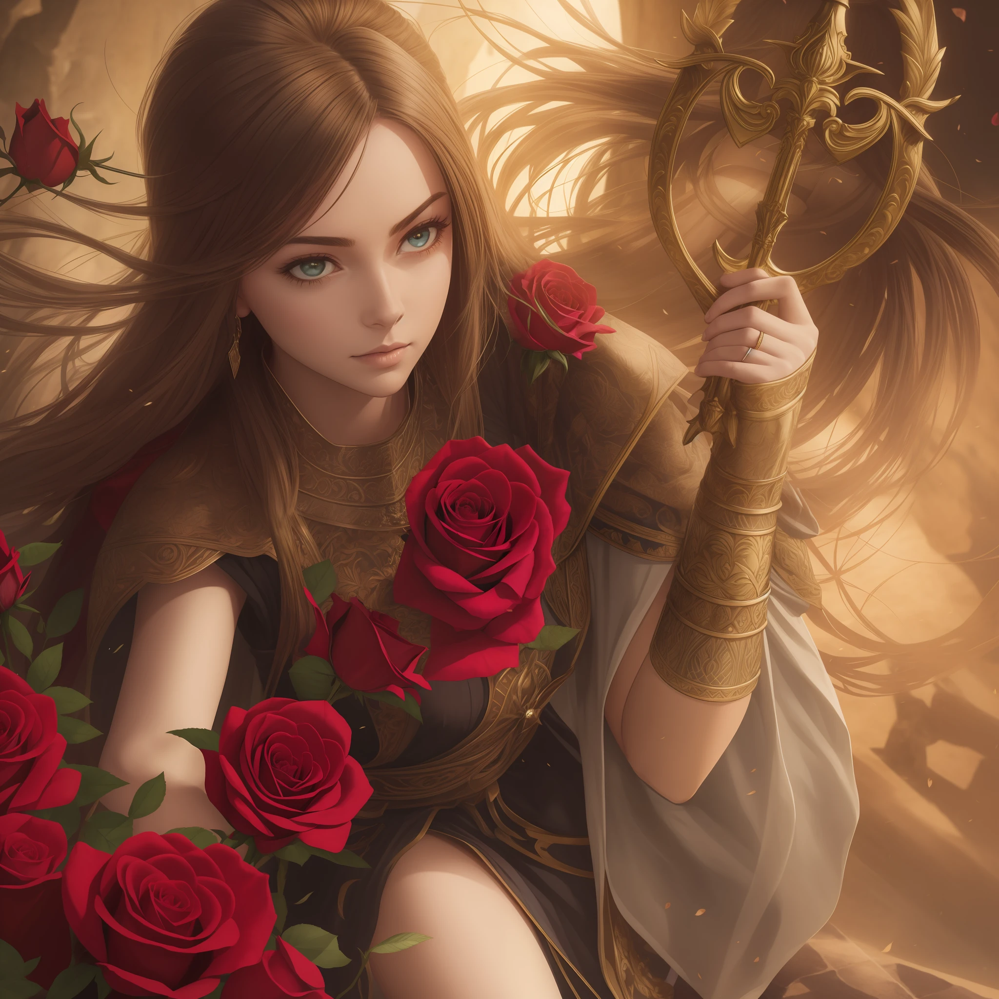 Woman Knight with a cape, one knee on the ground, the sword between her hands leaning on the ground, she is looking towards a rose that levitates above her, the rose is giving off light