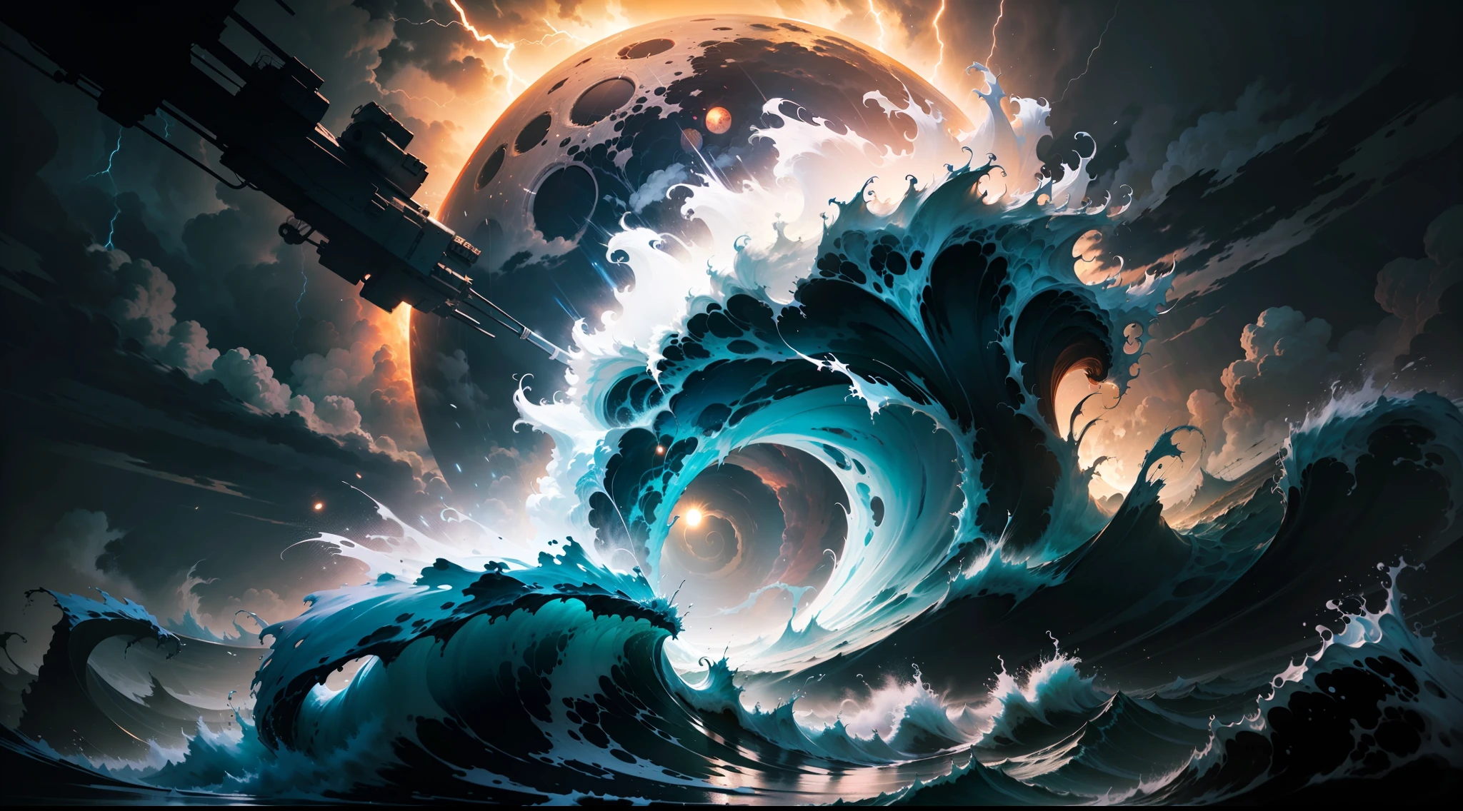 A colossal hurricane rages over the dark ocean at night, creating a scene of awe and terror. The full moon casts a ghostly glow over the stormy waters, revealing the towering waves that crash and roar. The eye of the storm is surrounded by walls of water that rise and fall with the wind. The clouds form a swirling vortex of black and gray, pierced by flashes of lightning that branch and fork. The hurricane fills the frame, dwarfing everything else in its path. Painted in glowing, atmospheric oil colors with expressive and dynamic brushstrokes