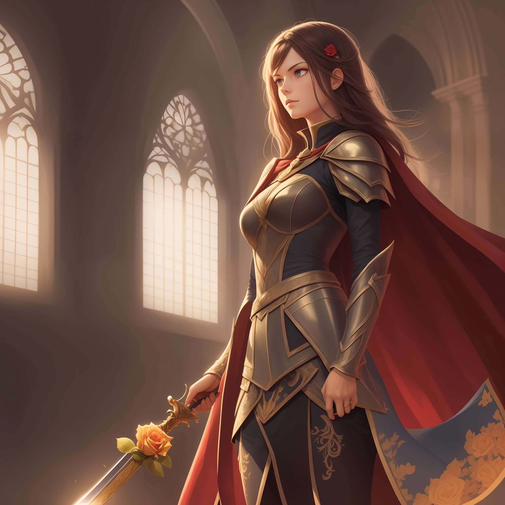 Woman Knight with a cape, one knee on the ground, the sword between her hands leaning on the ground, she is looking towards a rose that levitates above her, the rose is giving off light