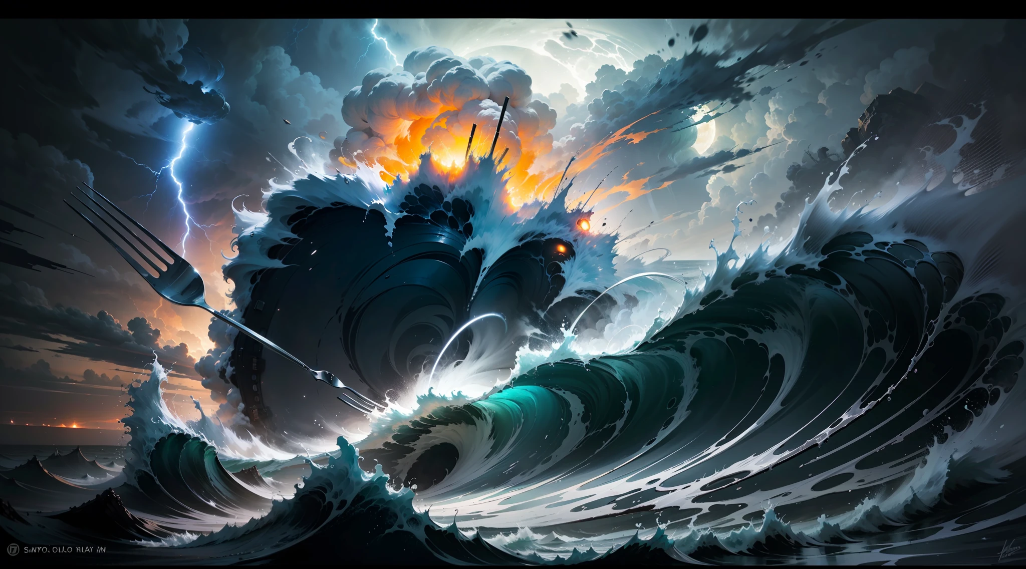 A colossal hurricane rages over the dark ocean at night, creating a scene of awe and terror. The full moon casts a ghostly glow over the stormy waters, revealing the towering waves that crash and roar. The eye of the storm is surrounded by walls of water that rise and fall with the wind. The clouds form a swirling vortex of black and gray, pierced by flashes of lightning that branch and fork. The hurricane fills the frame, dwarfing everything else in its path. Painted in glowing, atmospheric oil colors with expressive and dynamic brushstrokes