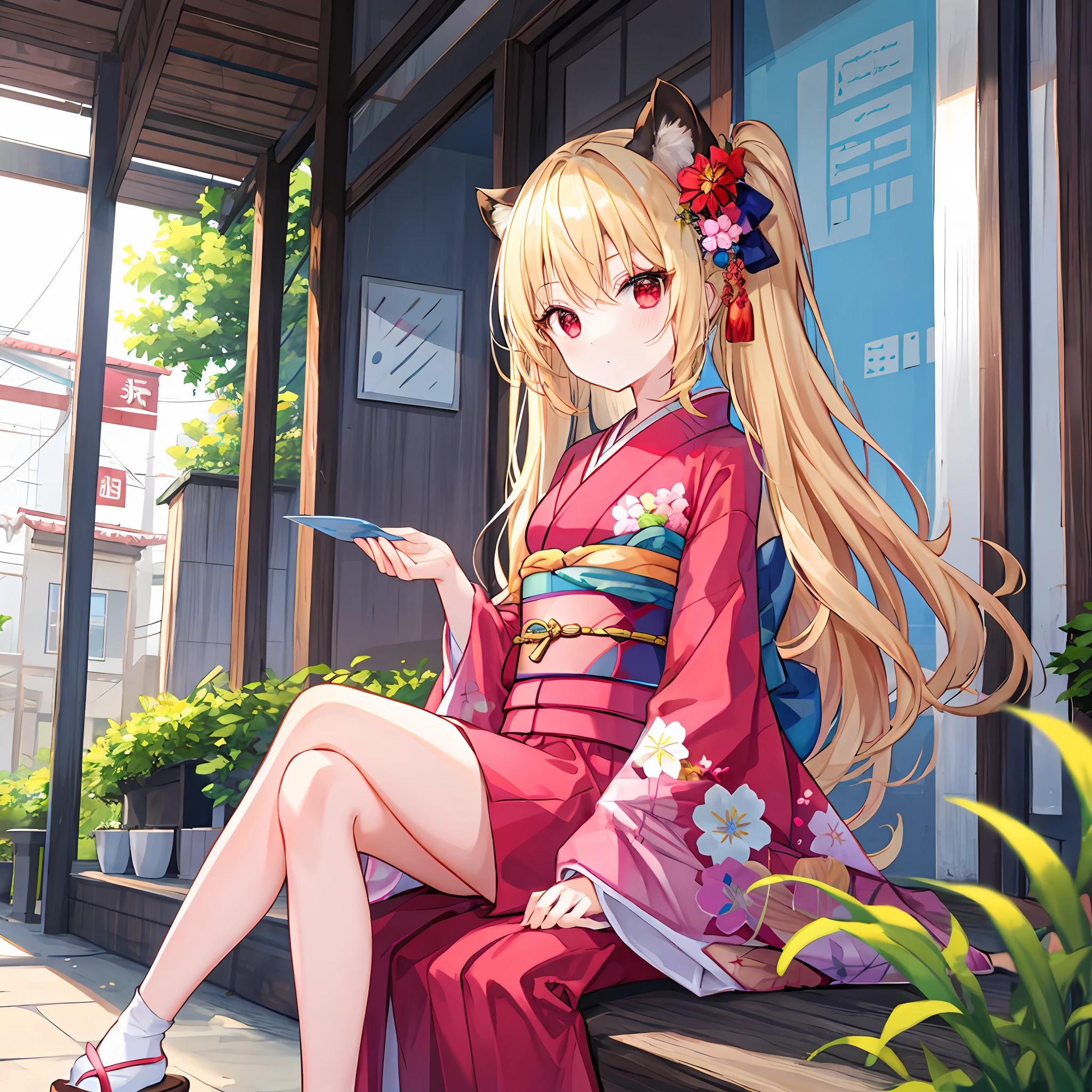 hair wavy、One blonde girl、独奏、red eyes、lonely、sitting on、kimono