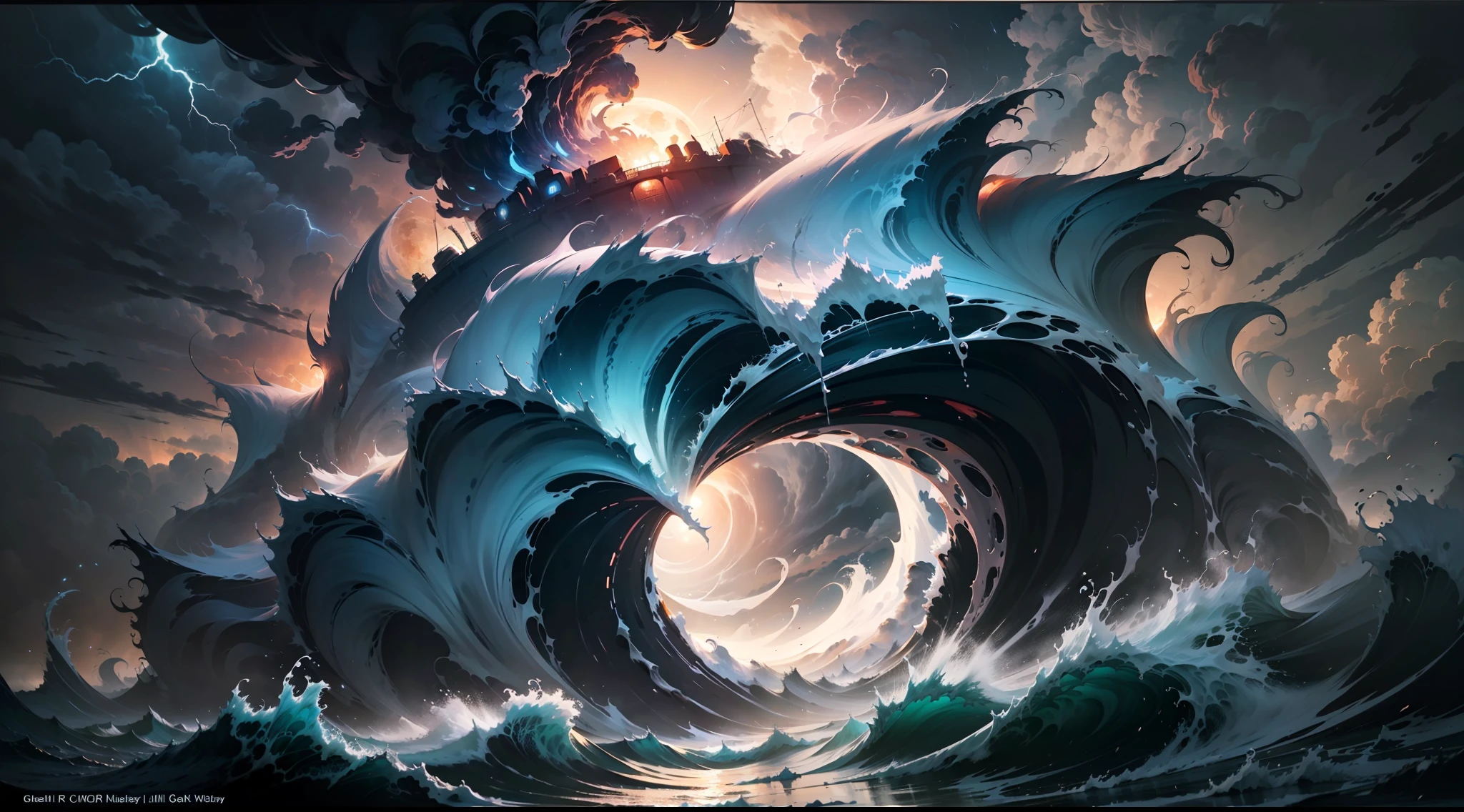 A colossal hurricane rages over the dark ocean at night, creating a scene of awe and terror. The full moon casts a ghostly glow over the stormy waters, revealing the towering waves that crash and roar. The eye of the storm is surrounded by walls of water that rise and fall with the wind. The clouds form a swirling vortex of black and gray, pierced by flashes of lightning that branch and fork. The hurricane fills the frame, dwarfing everything else in its path. Painted in glowing, atmospheric oil colors with expressive and dynamic brushstrokes