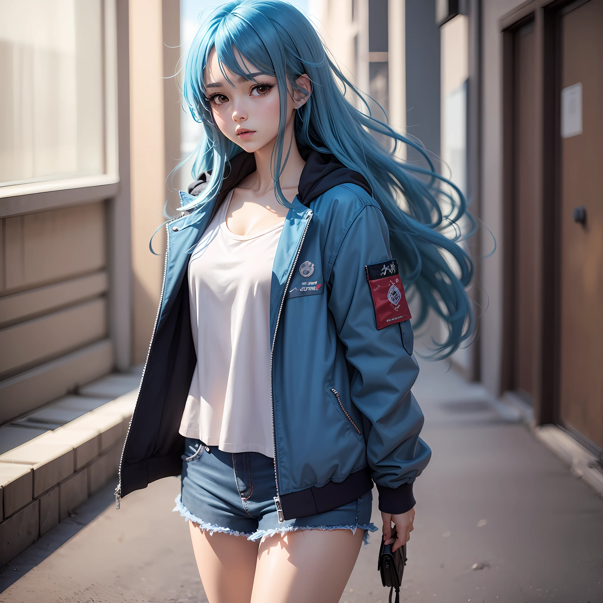 a close up of a person with long hair wearing a blue jacket, anime girl with long hair, anime style. 8k, realistic young anime girl, beautiful anime style, beautiful blue haired girl, realistic anime artstyle, girl with blue hair, style anime, anime styled, young anime girl, beautiful anime girl, realistic anime 3 d style, anime style --auto