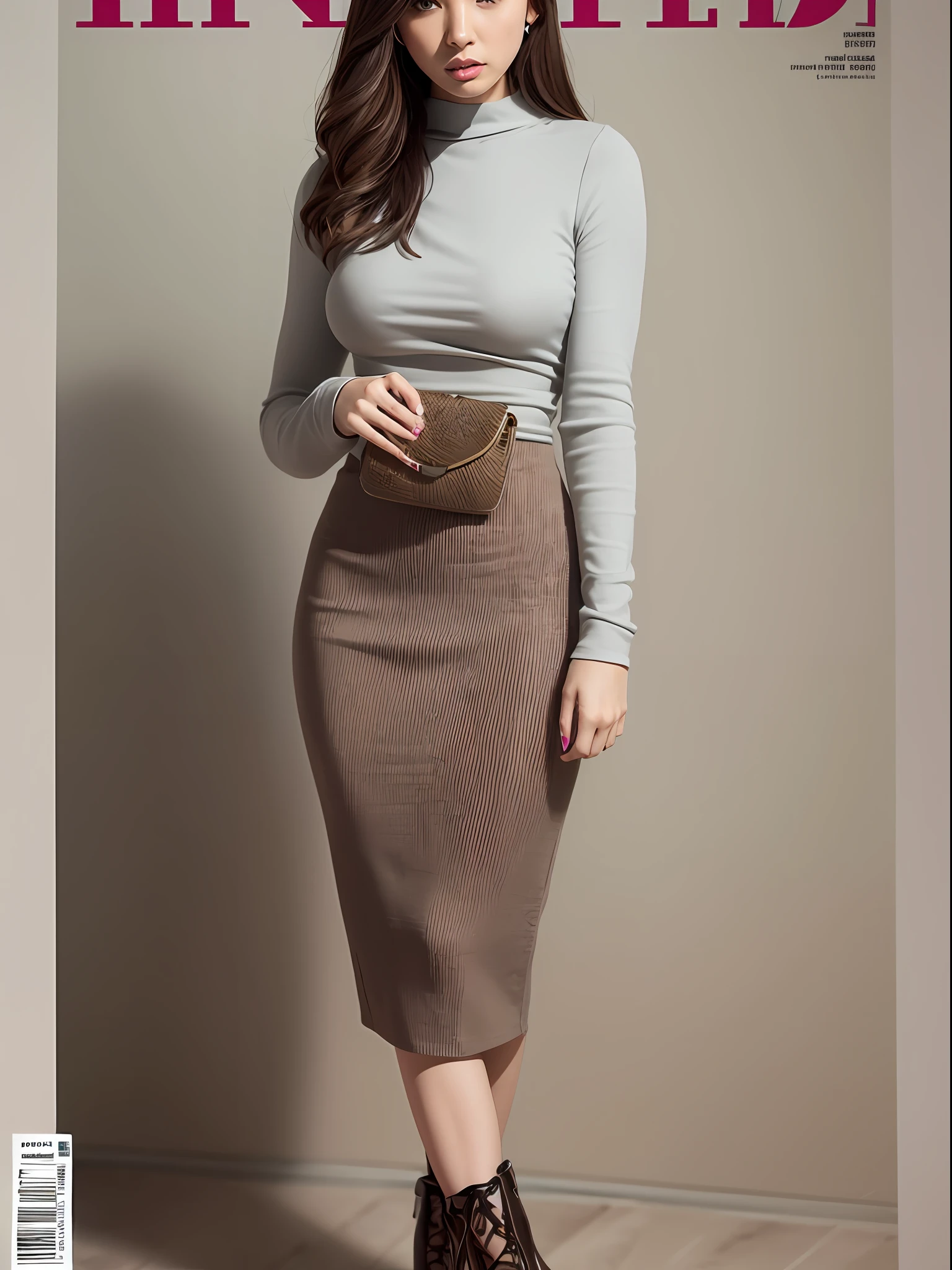 magazine cover, pencil skirt, fitted long-sleeved top, high-heeled boots, handbag, feminine, trendy, formal