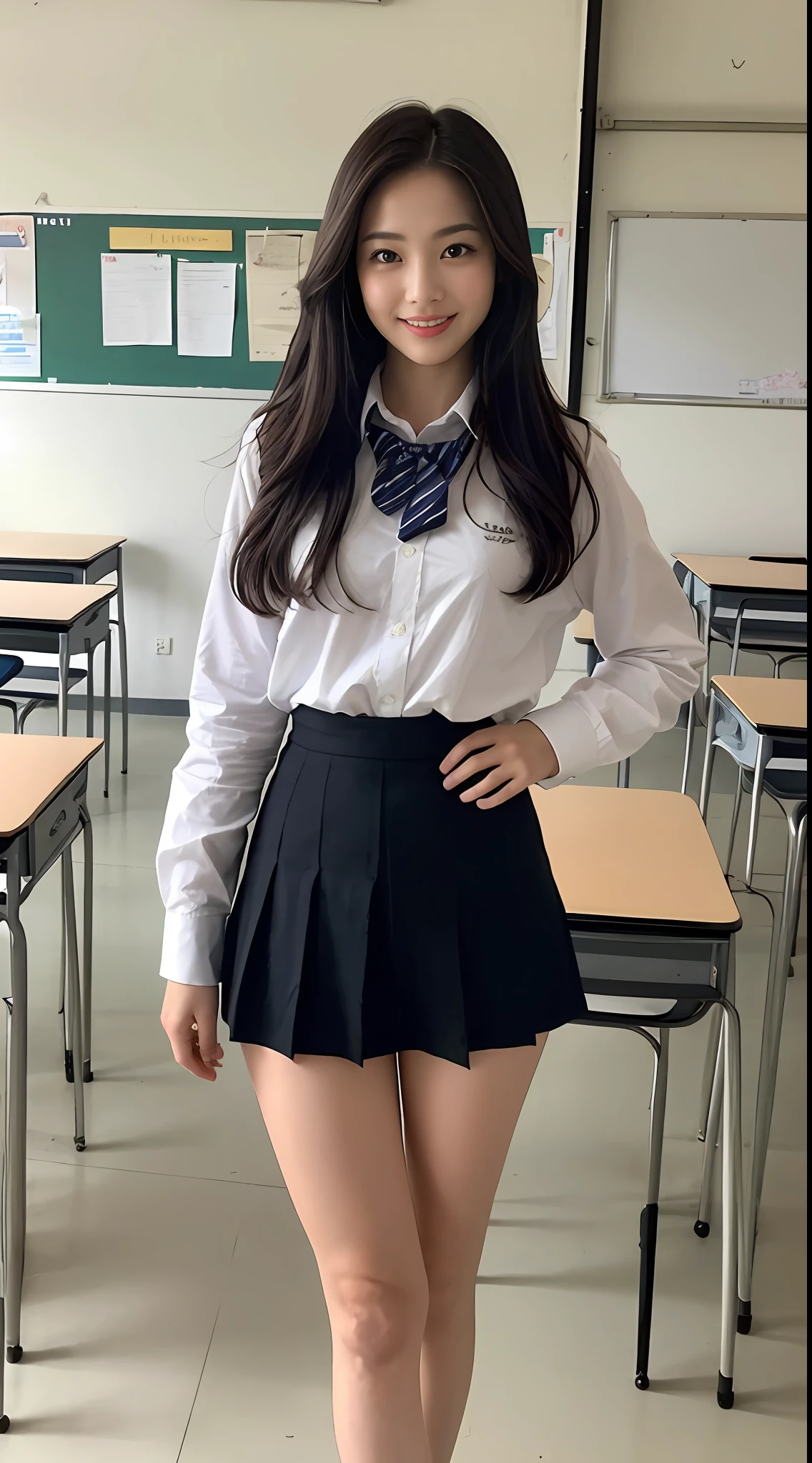 “Generate a hyper-realistic, highly detailed, and high-resolution image of a school beauty standing in a classroom. She should be the epitome of youthful charm and elegance, with her school uniform perfectly fitting her slender figure. Her hair should be styled casually, yet beautifully, adding to her charm. She should be wearing a short skirt as part of her Japanese high school uniform, showcasing her long, fair legs. Her face should be highly detailed, with beautiful and delicate features, and she should be wearing a warm smile. The classroom should be filled with desks and chairs, with a blackboard in the background. The lighting should be natural, streaming in from the windows, casting a soft glow on her. The colors should be vibrant yet natural, enhancing the overall mood of the image. The composition should be well-balanced, wi