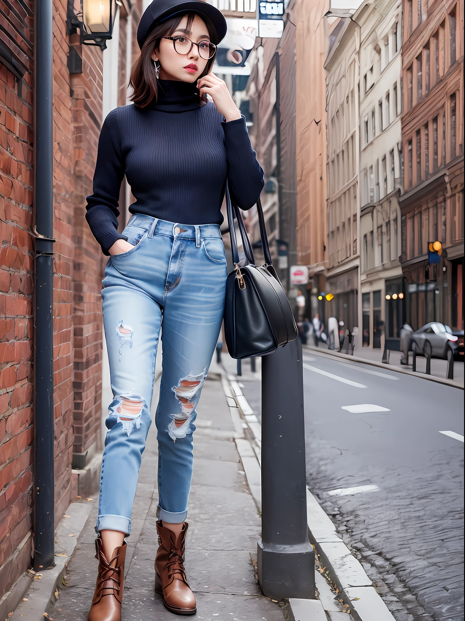 magazine cover, yuppy style, [black|dark] blue turtleneck sweater, dark denim jeans, leather boots, elegant, hat and scarf, glasses, watch