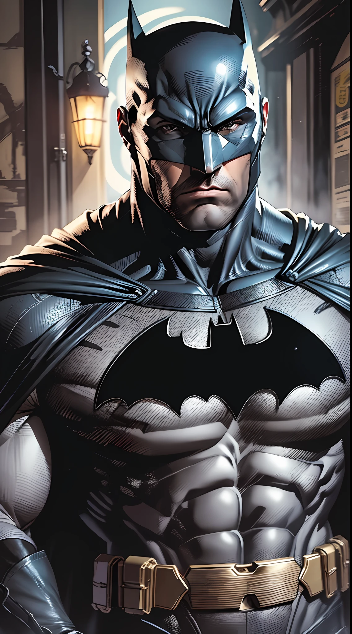 1 man, solo, Ben Affleck as Batman, tall, hunk, muscular, bulk, wide shoulder, photorealism, dark dirty grey suit, dark grey arms, ((no mask)), mask off, black hair, black gloves, best quality, masterpiece, high resolution:1.2, black cape, high detailed mask, high detailed suit, high detailed face, award winning, night time, a dark cave in the background, indoors
