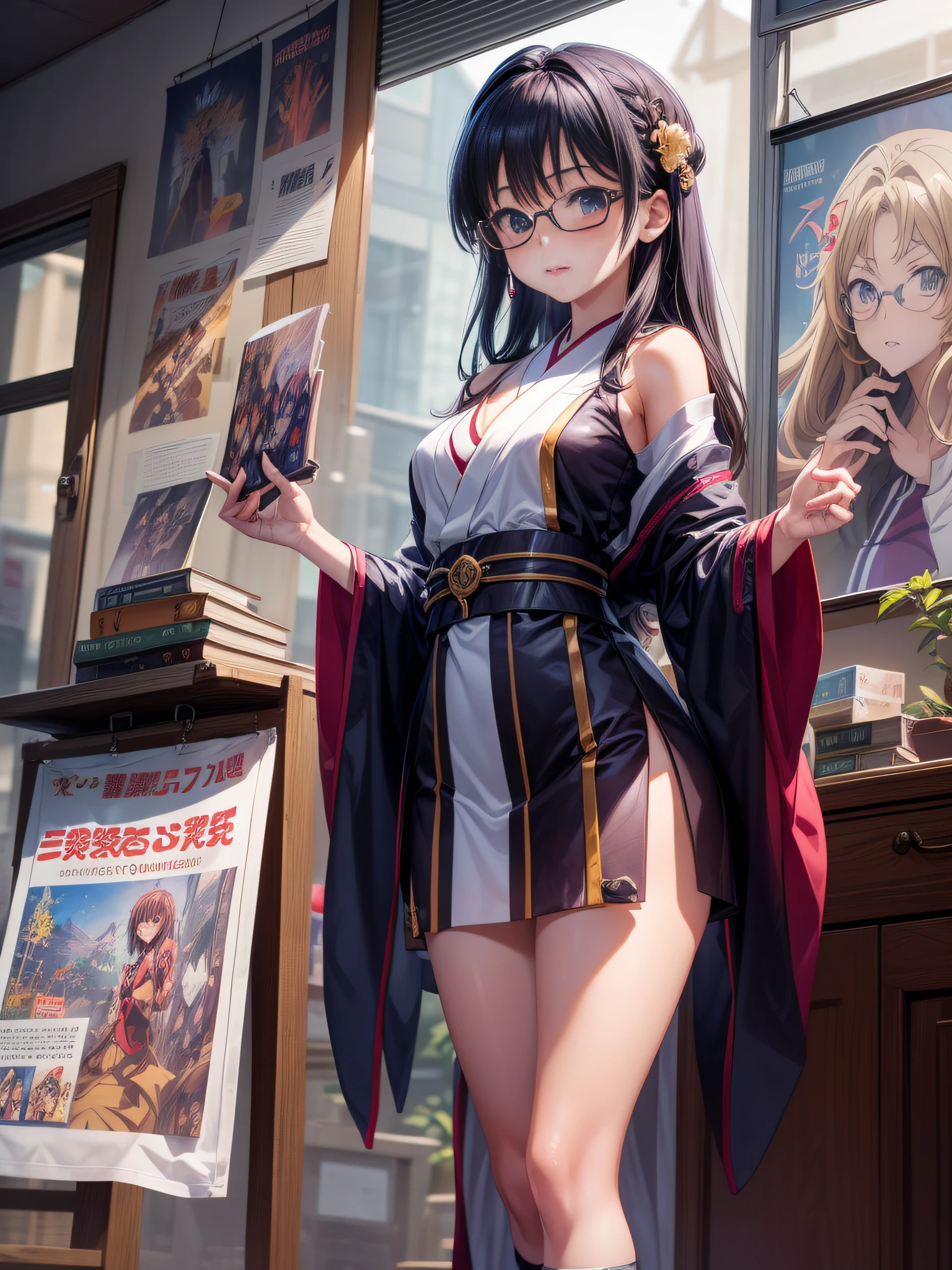 (((Dōjinshi Sale))), ((Japan characters, There are a lot of manga and anime books on the desk)),Seller of 3 girls in anime cosplay costumes,Standing in front of a desk、 ((Creative book cover with anime illustrations and letters)), wide angles, eye glasses,People standing around tables for books and magazines々, nffsw, Anatomically correct, Textured skin, awardwinning、 animesque,Wide Shot, Manga and anime, sh, event,Cute seller, lots of light,Adult buyer facing the seller、((There are anime posters and texts on the walls、Anime Banner Ads))、