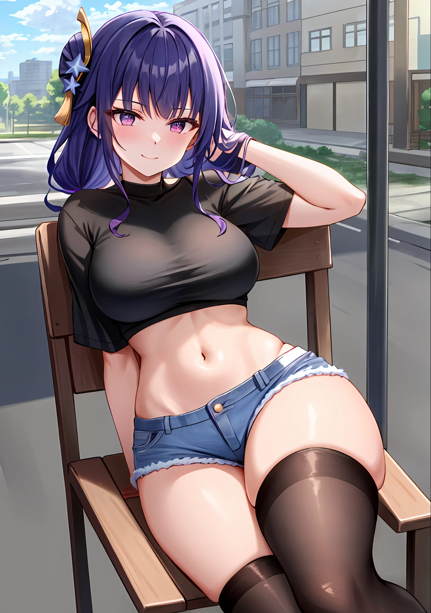 (masterpiece, best quality, ultra-detailed), Raiden shogun \(genshin impact\), (purple hair), cone hair bun, twin tails, long hair, swept bangs, braid, braided bangs, purple eyes, pink eyes,
(wearing a t-shirt:1.2), sitting on a chair outside of caf, embracing the natural beauty, sunlight, beautiful cloudy sky, city, street, denim shorts, black stocking,
medium breasts, thick thighs, critical angle, cowboy shot, arm behind head, arm behind back, armpits, light smile, crop top, strong and seductive expressions,,