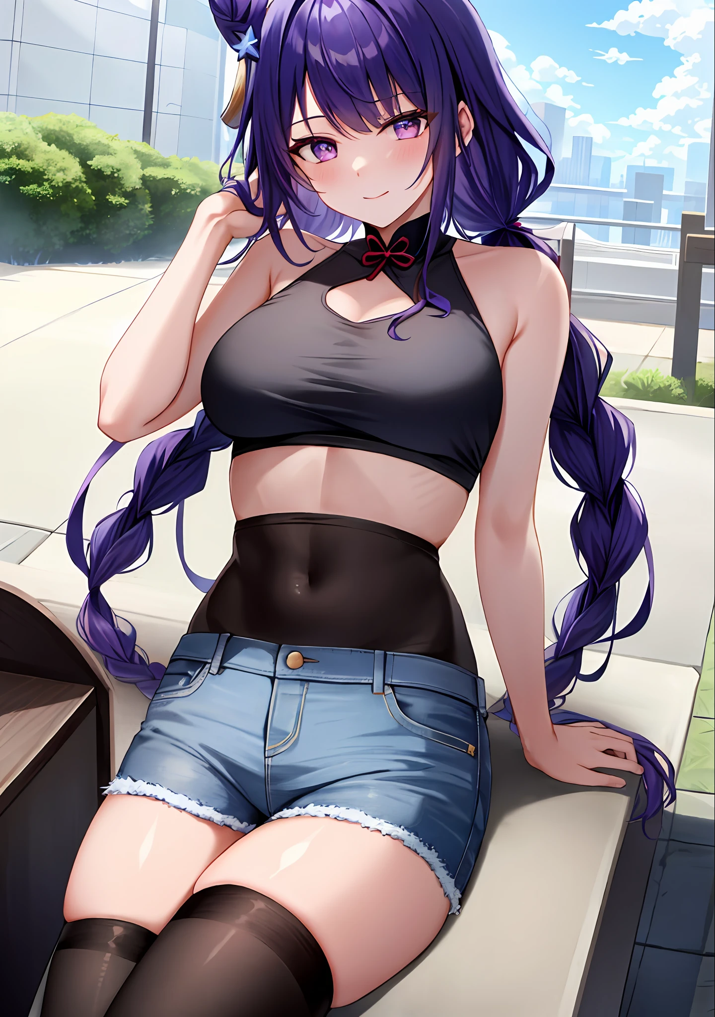 (masterpiece, best quality, ultra-detailed), Raiden shogun \(genshin impact\), (purple hair), cone hair bun, twin tails, long hair, swept bangs, braid, braided bangs, purple eyes, pink eyes,
(wearing a t-shirt:1.2), sitting on a chair outside of caf, embracing the natural beauty, sunlight, beautiful cloudy sky, city, street, denim shorts, black stocking,
medium breasts, thick thighs, critical angle, cowboy shot, arm behind head, arm behind back, armpits, light smile, crop top, strong and seductive expressions,,