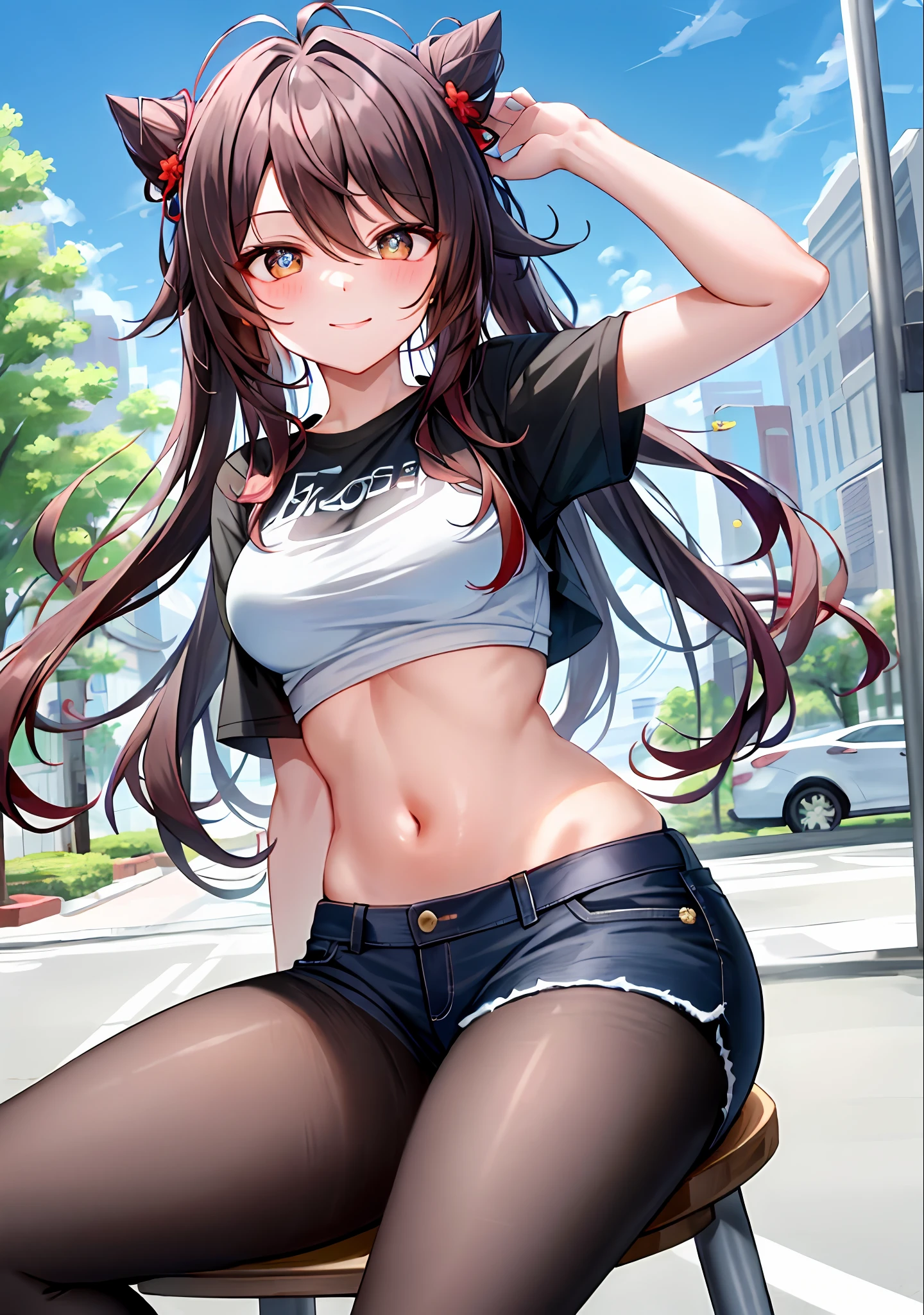 (masterpiece, best quality, ultra-detailed), hu tao \(genshin impact\), (black hair), cone hair bun, twin tails, long hair, swept bangs, braid, braided bangs,(wearing a t-shirt:1.2), sitting on a chair outside of caf, embracing the natural beauty, sunlight, beautiful cloudy sky, city, street, denim shorts, black stocking,
medium breasts, thick thighs, critical angle, cowboy shot, arm behind head, arm behind back, armpits, light smile, crop top, strong and seductive expressions,,