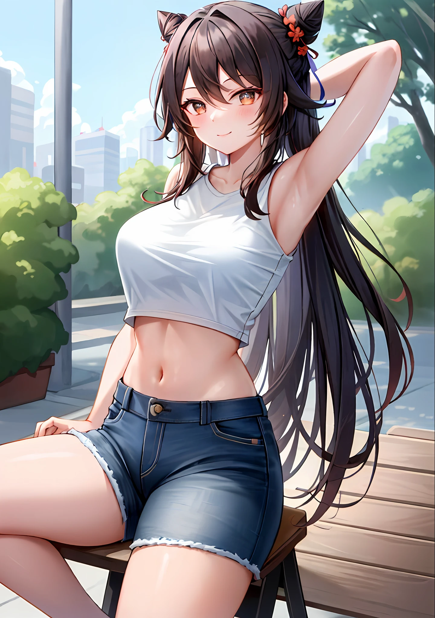 (masterpiece, best quality, ultra-detailed), hu tao \(genshin impact\), (black hair), cone hair bun, twin tails, long hair, swept bangs, braid, braided bangs,(wearing a t-shirt:1.2), sitting on a chair outside of caf, embracing the natural beauty, sunlight, beautiful cloudy sky, city, street, denim shorts, black stocking,
medium breasts, thick thighs, critical angle, cowboy shot, arm behind head, arm behind back, armpits, light smile, crop top, strong and seductive expressions,,