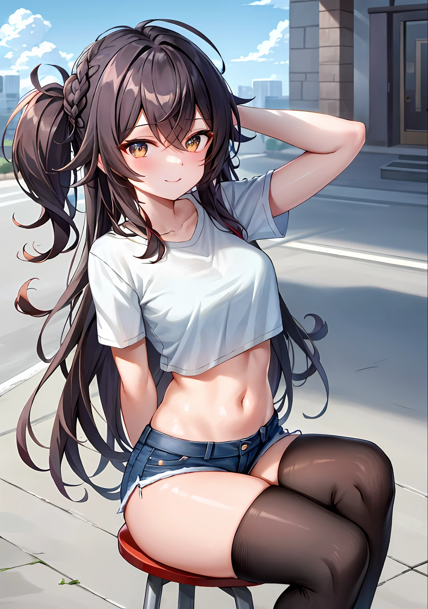 (masterpiece, best quality, ultra-detailed), hu tao \(genshin impact\), (black hair), cone hair bun, twin tails, long hair, swept bangs, braid, braided bangs,(wearing a t-shirt:1.2), sitting on a chair outside of caf, embracing the natural beauty, sunlight, beautiful cloudy sky, city, street, denim shorts, black stocking,
medium breasts, thick thighs, critical angle, cowboy shot, arm behind head, arm behind back, armpits, light smile, crop top, strong and seductive expressions,,