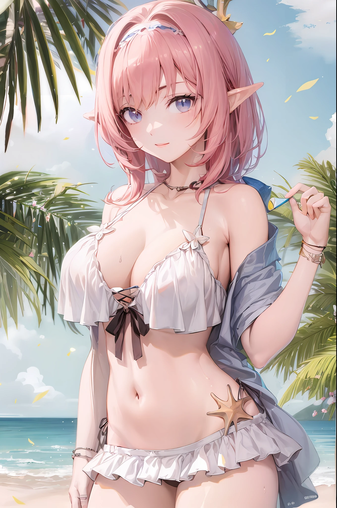 Anime girl posing on beach with pink hair and blue eyes, seductive anime girls, Best Rated on pixiv, Guweiz in Pixiv ArtStation, Guweiz on ArtStation Pixiv, Elf Girl, Guviz, trending on artstation pixiv, realistic bikini, attractive anime girls, beautiful and seductive anime woman, Anime goddess, | fine detail anime