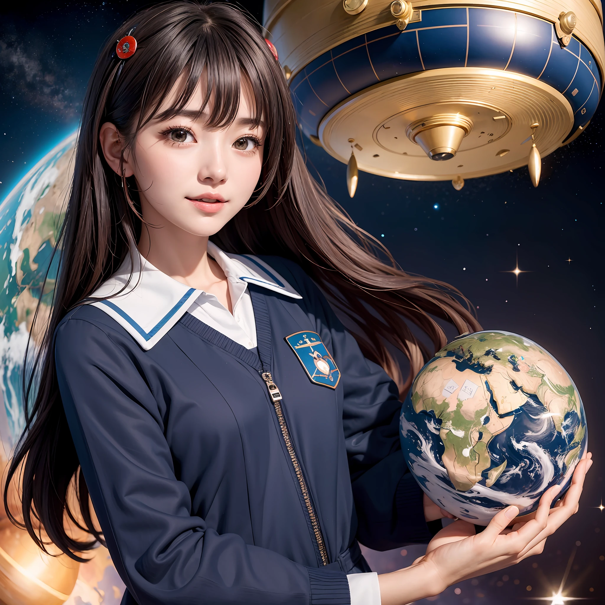 ((unparalleled masterpiece ever、best qualtiy、erfect artwork))、1girl in、japanes、hi-school girl、very messy hair、Brownish|blue hairs、独奏、(kosmos)、(spaceships)、(holding the earth)、(JK Uniform)、A smile、Floating hair:1.2、Opening Mouth、(Look at viewers)、red tide、cute little、full of shyness、Bright lighting