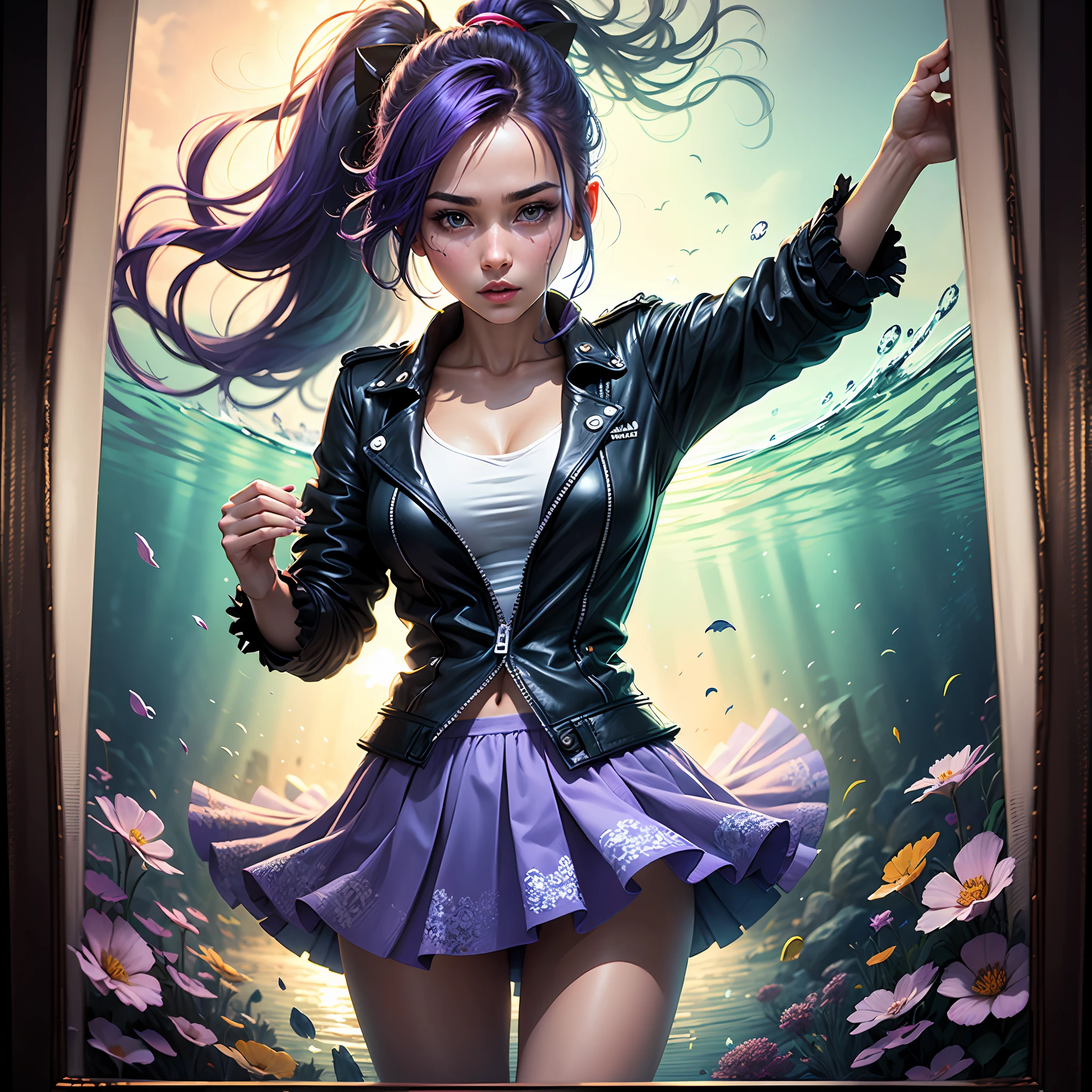 solo, beautiful female, wuxiaworld, wind blow, blossom, on the fog road, multicolored hair, blue hair, purple hair, ponytail, long hair, lonely, ray tracing, reflection light, depth of field, partially underwater shot, framed, multiple views, polar opposites, close-up, cowboy shot, masterpiece, best quality, high details, high quality, ccurate, textured skin, UHD --auto