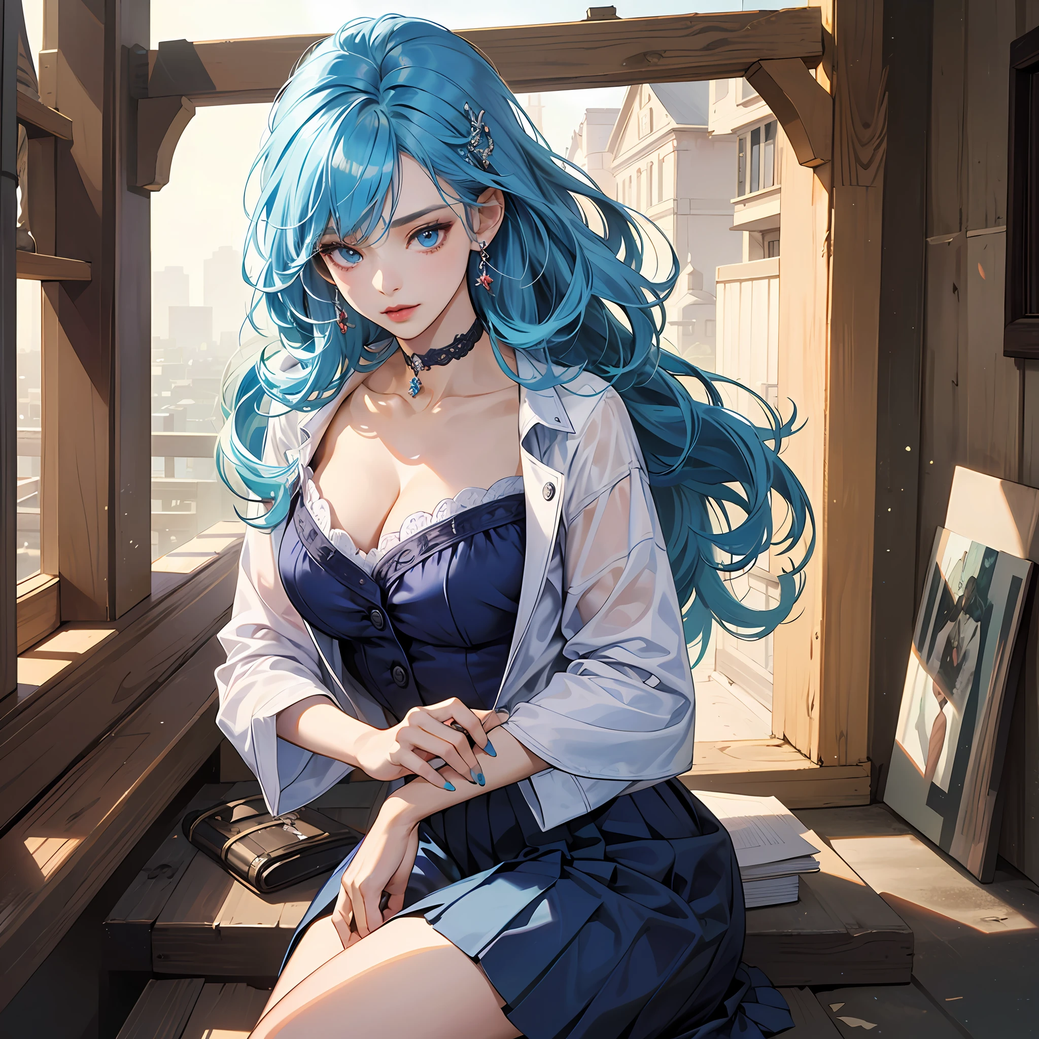 (masterpiece:1.4), (best quality:1.4), realistic, 1gril, solo, ((lightblue hair)), hair adornments, long whitr hair, eBlue eyes, 鎖骨, portrait, Redlip, harelip, (cleavage,pleatedskirt), Bigchest, Blue nails, choker necklace, 耳Nipple Ring, fashi-girl, looking at viewert, professional light, natta, Sateen, exteriors, --auto