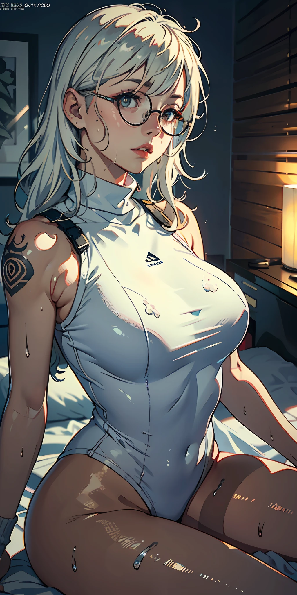 one-girl,circle glasses,Tattooed with, One-piece turtleneck white sleeveless sweater, Long white cotton socks, The lips are slightly open, Red-faced, Wet hair,Sweat all over the body,sit on a bed, crisp breasts, Convex buttocks, Grab your chest with both hands,Detailed background, Clothing details, perfectly proportioned, Multiple perspectives,filmgrain, Fuji colors, lightand shade contrast, tmasterpiece, high detal, high qulity, A high resolution, Cinematic lighting, 8K, Textured skin, Super detail