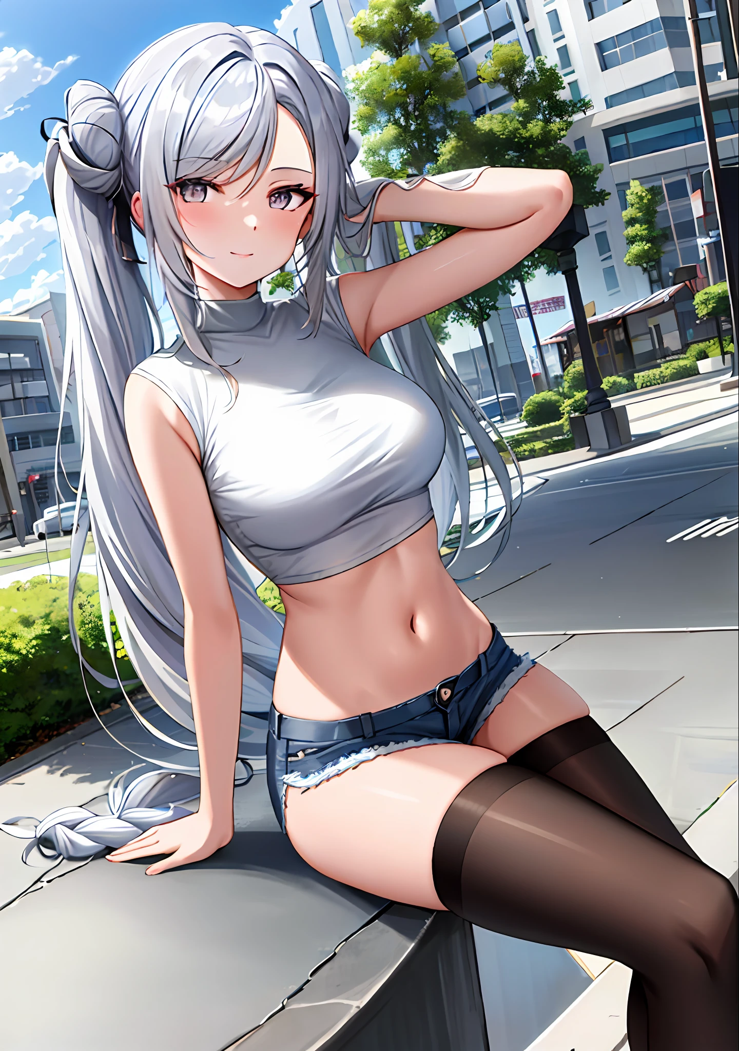 (masterpiece, best quality, ultra-detailed), Shenhe \(genshin impact\), (silver hair), cone hair bun, twin tails, long hair, swept bangs, braid, braided bangs, silver eyes, silver eyes,
(wearing a t-shirt:1.2), sitting on a chair outside of caf, embracing the natural beauty, sunlight, beautiful cloudy sky, city, street, denim shorts, black stocking,
medium breasts, thick thighs, critical angle, cowboy shot, arm behind head, arm behind back, armpits, light smile, crop top, strong and seductive expressions,,