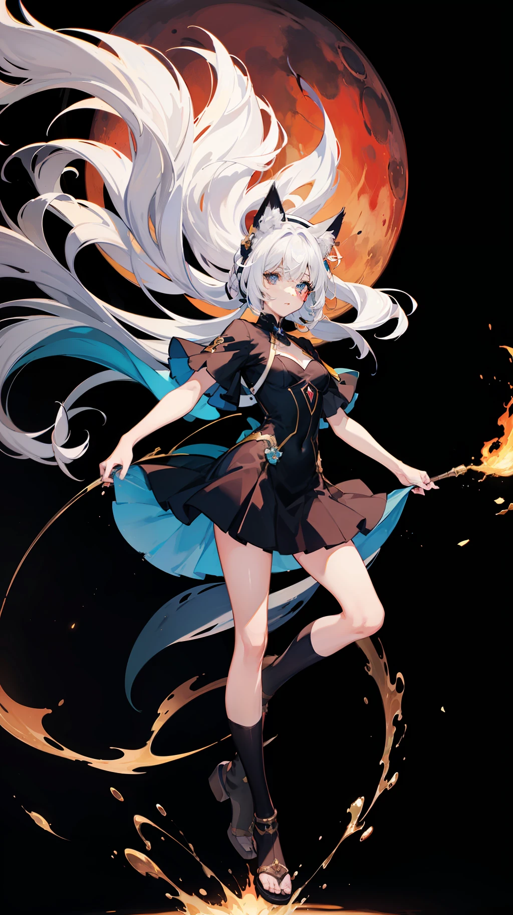 1girl,(studio ghibli style).enhancement, ultrainstinct, (aura:1.3), looking at viewer, white hair, long hair, grey eyes, anime, highres, bloom, bokeh, vanishing point, (masterpiece:1.2), floating, cosmos, celestial, (80mm), fill light, rim light, glowing, full body, goddess outfit, chromatic aberration, Flat colors , aquarela, digital painting, art design, color pastel , anime modern, splashing, fire, red moon, flower, red flower, white flower, blue flower, blue rose, (animal ears, animal ear fluff, fox ears:1.1)
