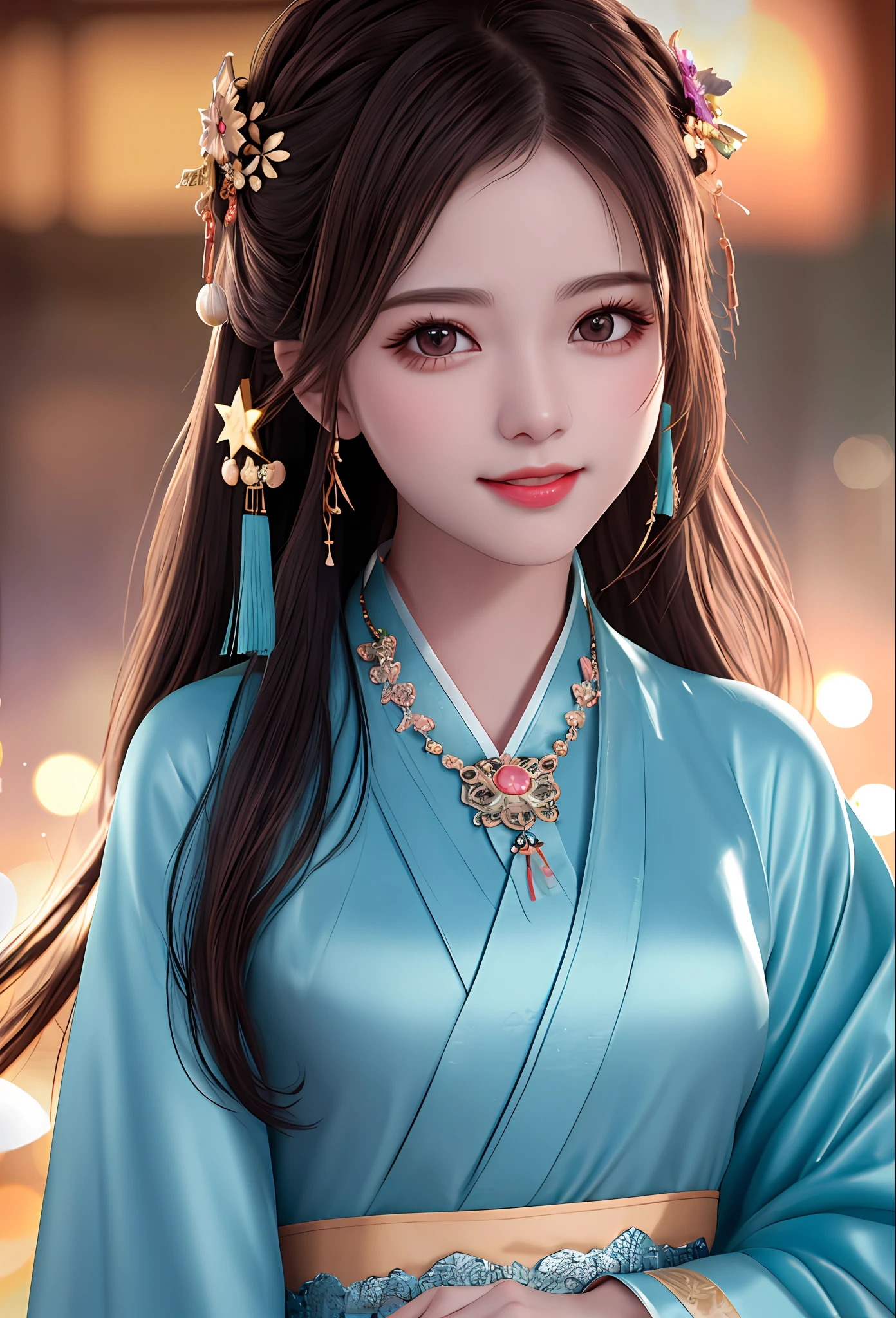 best quality, masterpiece, highres, 1girl,blush,(seductive smile:0.8),star-shaped pupils,china hanfu,hair ornament,necklace, jewelry,Beautiful face,upon_body, tyndall effect,photorealistic, dark studio, rim lighting, two tone lighting,(high detailed skin:1.2), 8k uhd, dslr, soft lighting, high quality, volumetric lighting, candid, Photograph, high resolution, 4k, 8k, Bokeh
