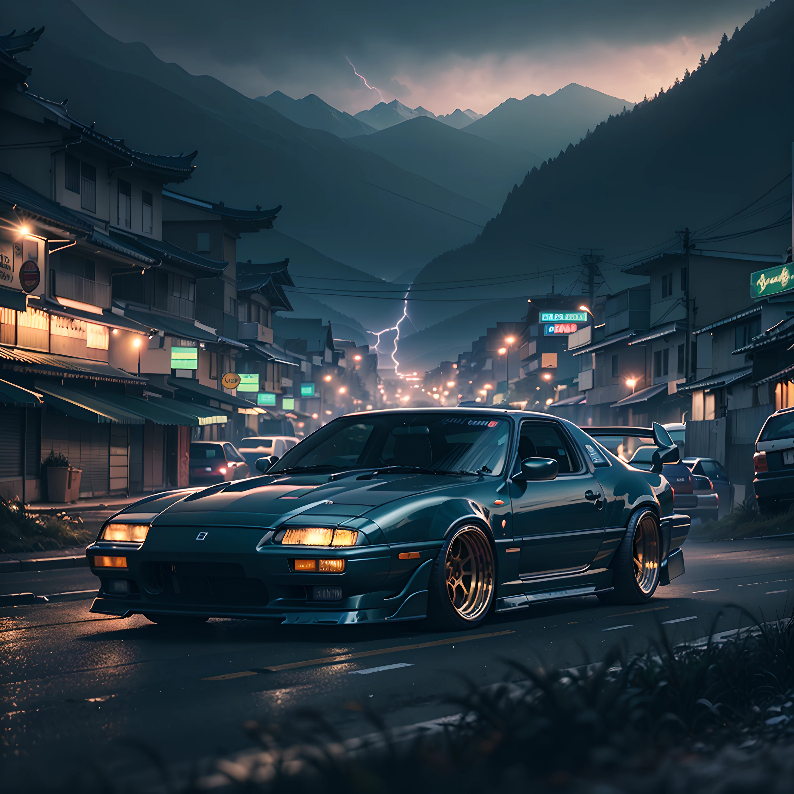 (1990s VHS style:1.2, caught on camera, illegal car meet, somewhere in Asia, mountains, gritty, dark color,LUT filter), major city , night , resto mod , retro futuristic , mildly modern , midnight , cars are 90's inspired , skyline , supra , rx7 , custom , modified . (masterpiece), (best quality:1.0), (ultra highres:1.0), beautiful lighting ,perfect lightning, realistic shadows, [highres] , (extremely detailed CG 8k wallpaper)