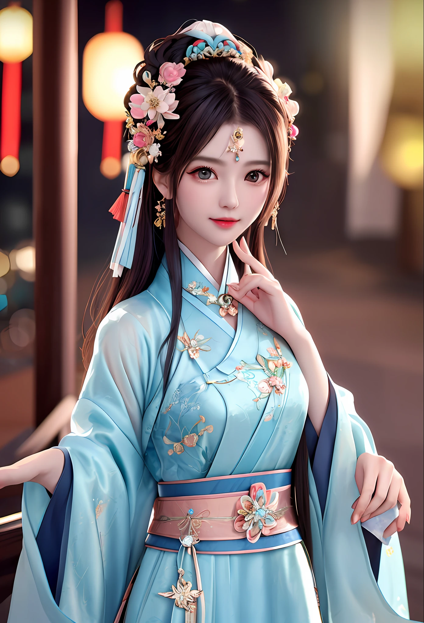 best quality, masterpiece, highres, 1girl,blush,(seductive smile:0.8),star-shaped pupils,china hanfu,hair ornament,necklace, jewelry,Beautiful face,upon_body, tyndall effect,photorealistic, dark studio, rim lighting, two tone lighting,(high detailed skin:1.2), 8k uhd, dslr, soft lighting, high quality, volumetric lighting, candid, Photograph, high resolution, 4k, 8k, Bokeh
