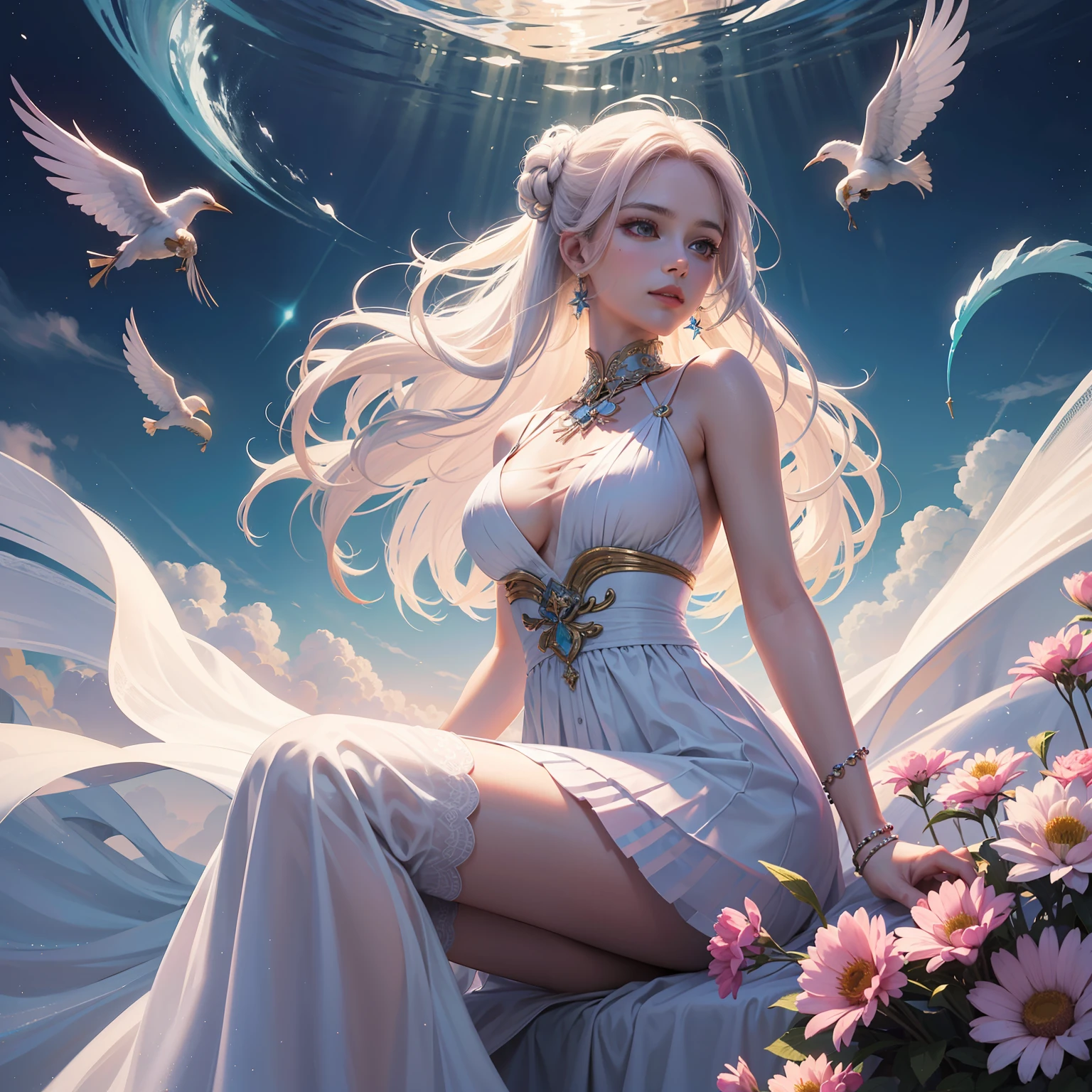 obra-prima, melhor qualidade, (papel de parede CG unity 8k extremamente detalhado), (melhor qualidade), (best illustration), (melhor sombra), absurdos, 1 mulher linda, encantadora, provocante, vestido branco com detalhes dourados, roupa grega, vestido grego, Deusa, Deusa Antiga, Afrodite, divindade, cabelo grande, cabelo cacheado, pele de porcelana, detalhes em dourada, flores, dreamy and romantic compositions, pale pink, ethereal foliage, playful arrangements, cabelos longos, arte epica, pink smoke, pose gloriosa, lindo brilho detalhado, brilho luminoso de fundo, detalhes insano --auto