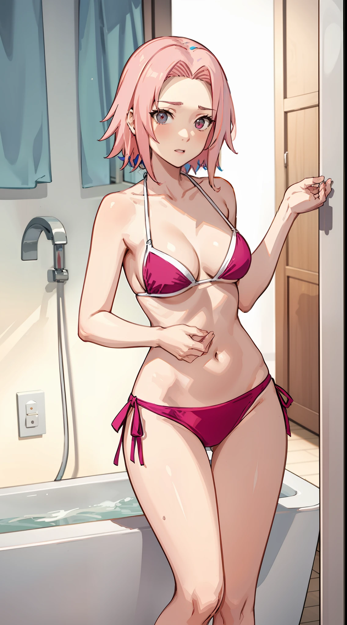 Haruno sakura, short hair,  medium breast, cleavage, navel, slim legs, pink hair, nervous, side tie bikini, bathtub, skirt