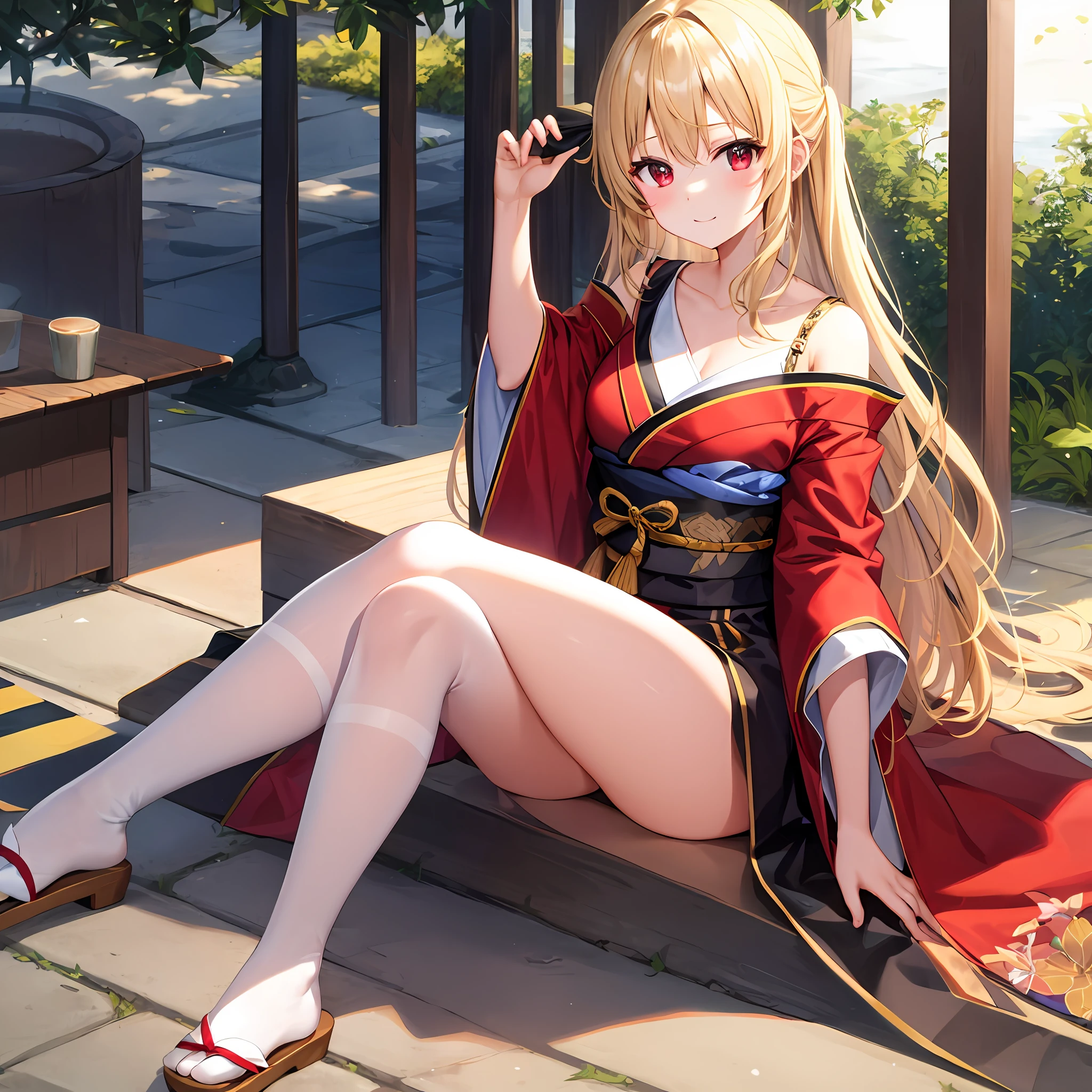 hair wavy、One blonde girl、独奏、red eyes、lonely、sitting on、Kimono