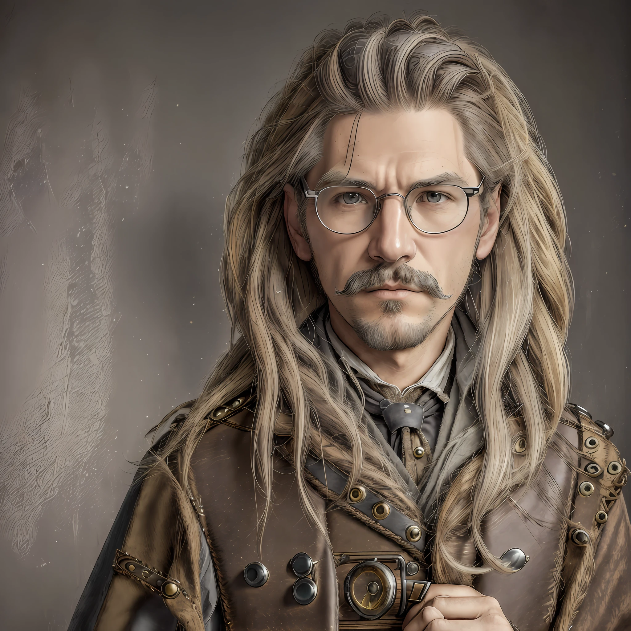 A man, (((solo))), (middle-aged, 50 years old, white skin, light brown hair with gray parts, small round glasses, voluminous Friedrich Nietchzse mustache), (wears Victorian detective clothes, steampunk), (gunslinger) --auto
