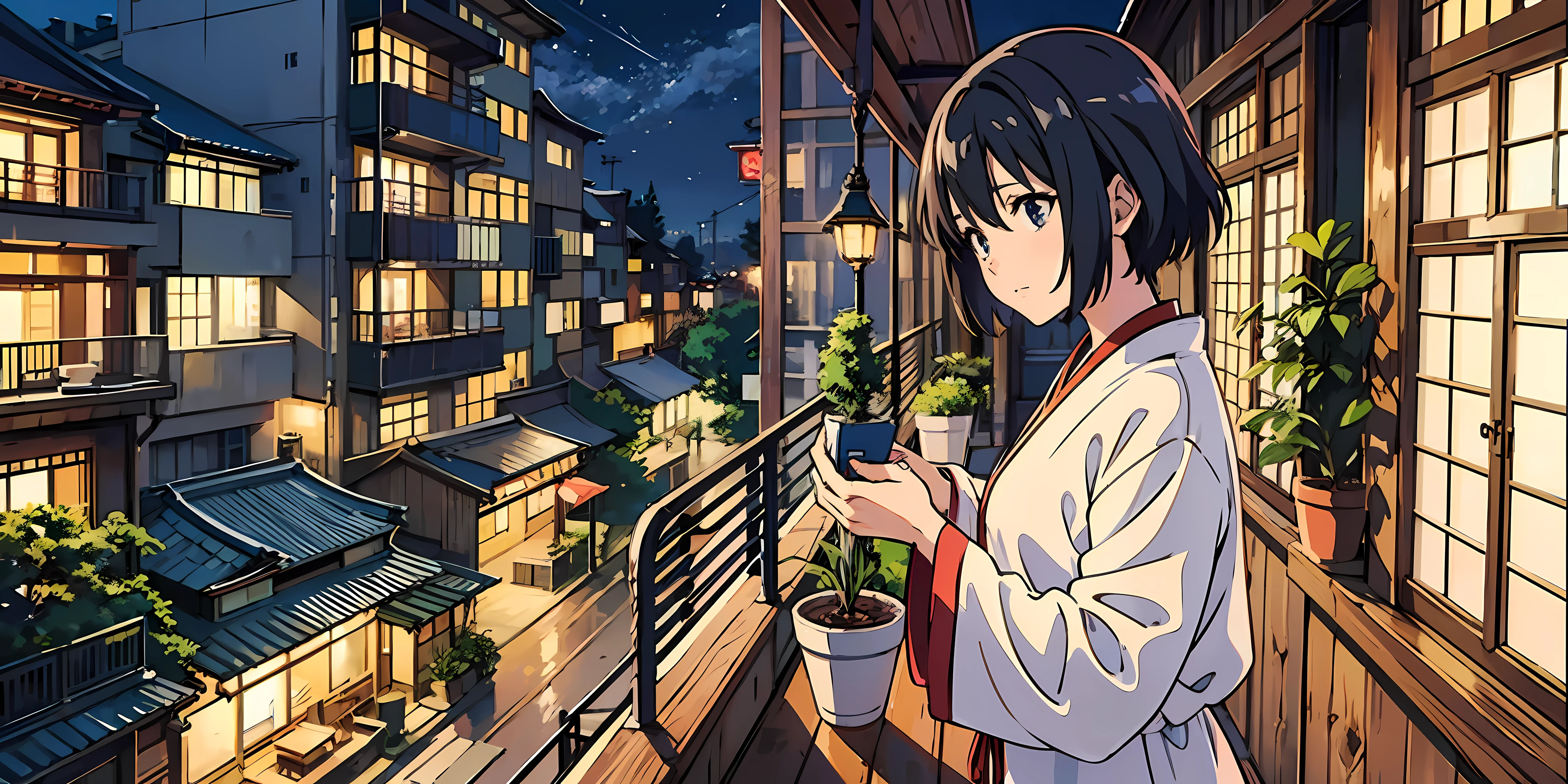 A beautiful traditional girl watering her plants in her beautiful wooden balcony in her apartment, her balcony is huge, nighttime, masterpiece, ultradetailed, from an anime scene, in makoto shinkai style, Kyoto animation, Ghibli studios