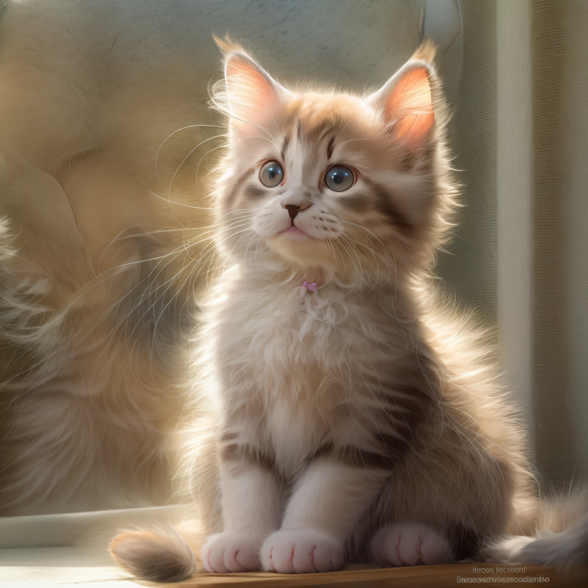 hairy pubic, cute little cat，Big round eyes and a curious expression sit in the center of the picture. Every hair is soft, A furry coat is visible, Highlight its cuteness. Kittens perch on windowsills, Look out at the world in the distance. sunlight streaming in from the window, Cast a warm glow on the kitten's fur. The background is slightly blurred, Draw attention to the charming characteristics of kittens. The image is in high definition, Capture every detail of the kitten's beard, nase, And paws. Focus Clear, Highlight the texture of the kitten's expressive eyes and fur. The overall effect is a real and heartwarming portrait of a beloved pet.