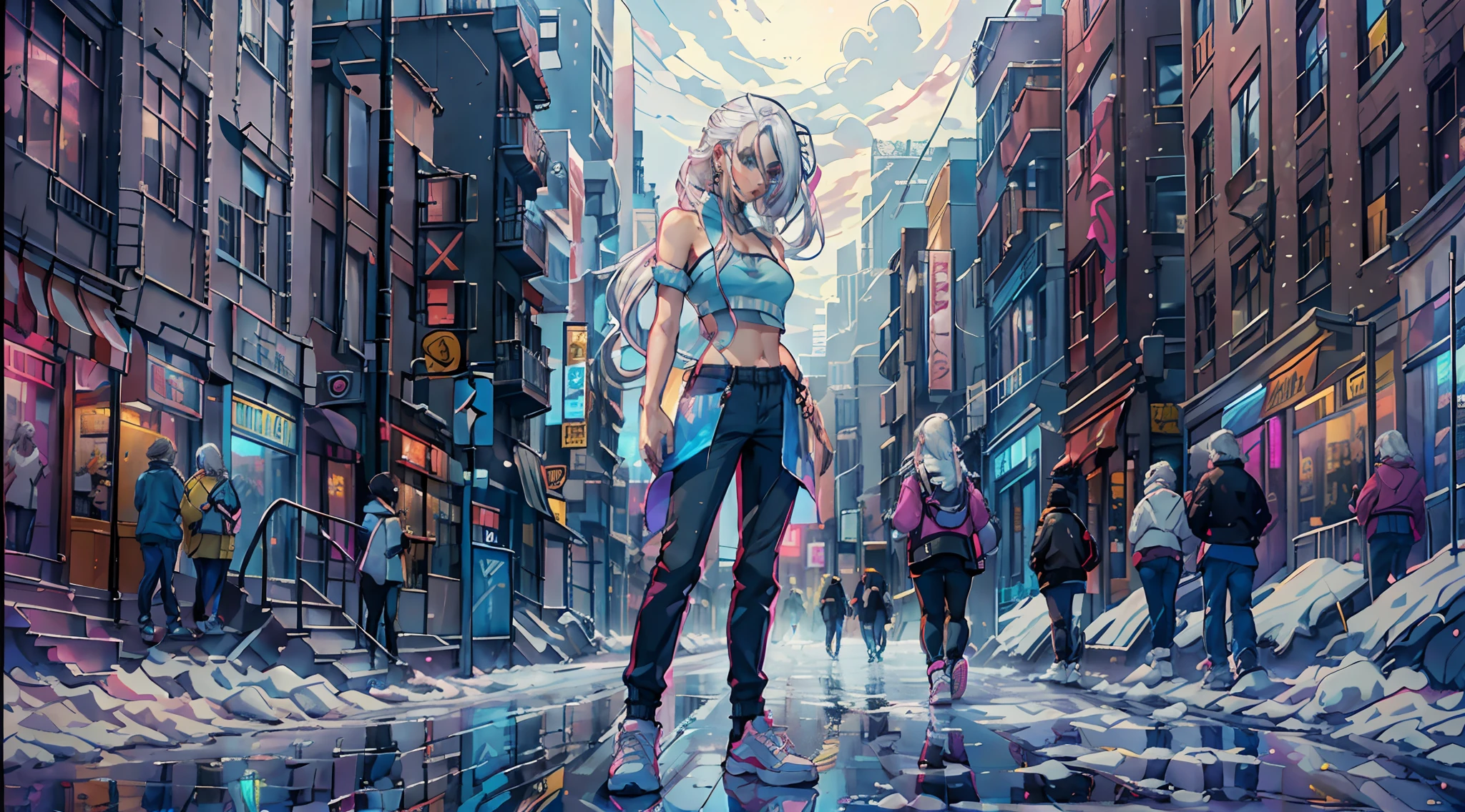 (tmasterpiece, 4k, ultradetailed: 1.2), (the anime: 1.2), illustartion, (realisti: 1), (photo-realistic: 1), (独奏:1.2), (afoot:1), (the panorama, perspective:1.4),(Fisheye:1.2), (scenery, En plein air, urban landscape, the night, midynight, roof, ciberpunk, asphalt, Sateen, grafffiti, reflection, Store, kiosk, pavement, alleyway: 1.2), (skyscraper, mist: 1.4), (pedestrian, crowd, people: 1,3), (neon lights sign, blue neon, Pink neon, Yellow neon: 1,4), (off-the-shoulder neon trench coat, tshirt, cargo pants, sneakers: 1,3), (platinum white hair, tail: 1,2), (supermodel: 1,4), (Different hair colors),