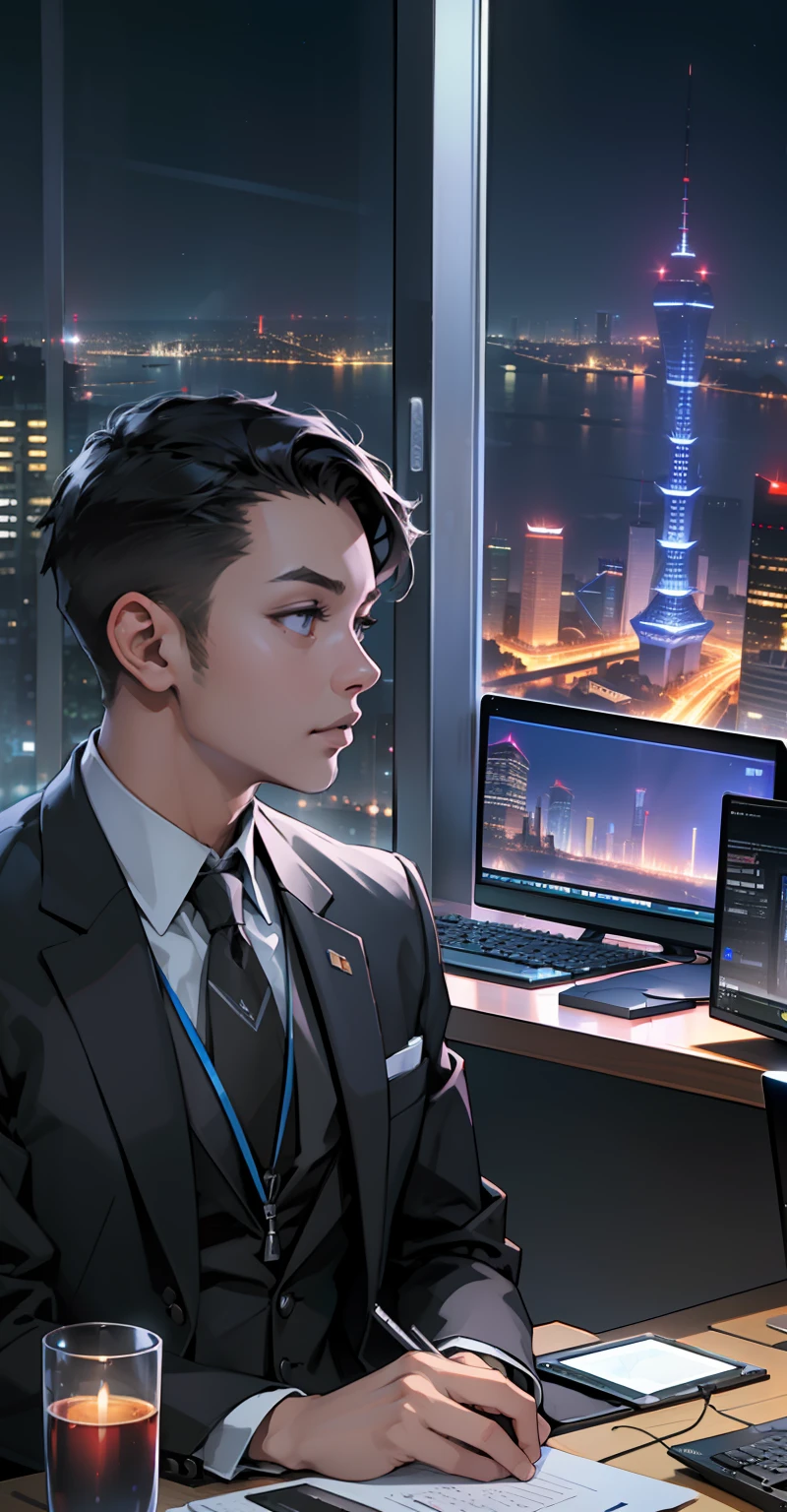 realisticlying, (best qualtiy, tmasterpiece:1.3), mtu, Business suit, orthofacial，Programmer's workbench，Huge display，Three monitors，Hardware debugging devices, Shanghai night view outside the window, Corporate executives.