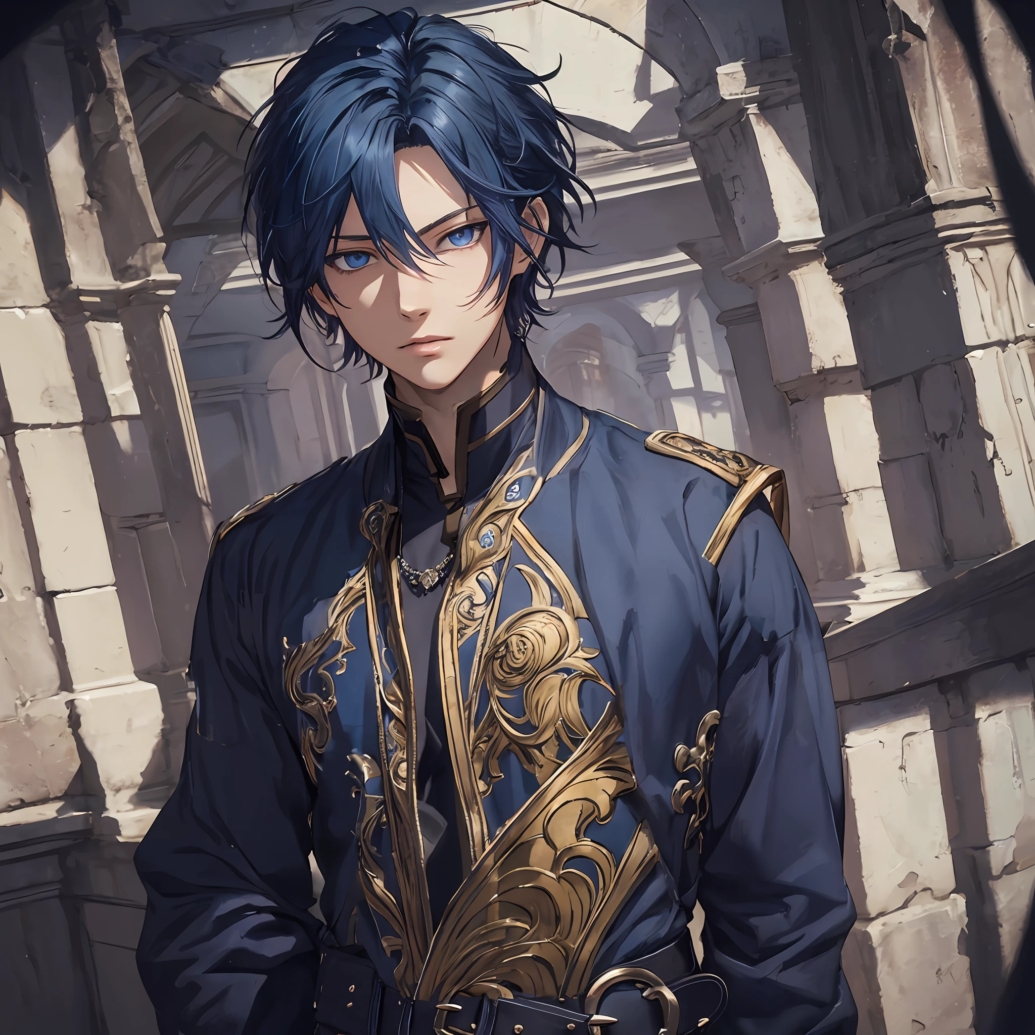 masterpiece, best quality, 1boy, teenager, male focus, solo, dark blue hair, short hair, blue eyes, looking at viewer, closed mouth, Fantasy aesthetics, Highly detailed, shadowverse style, clothing style