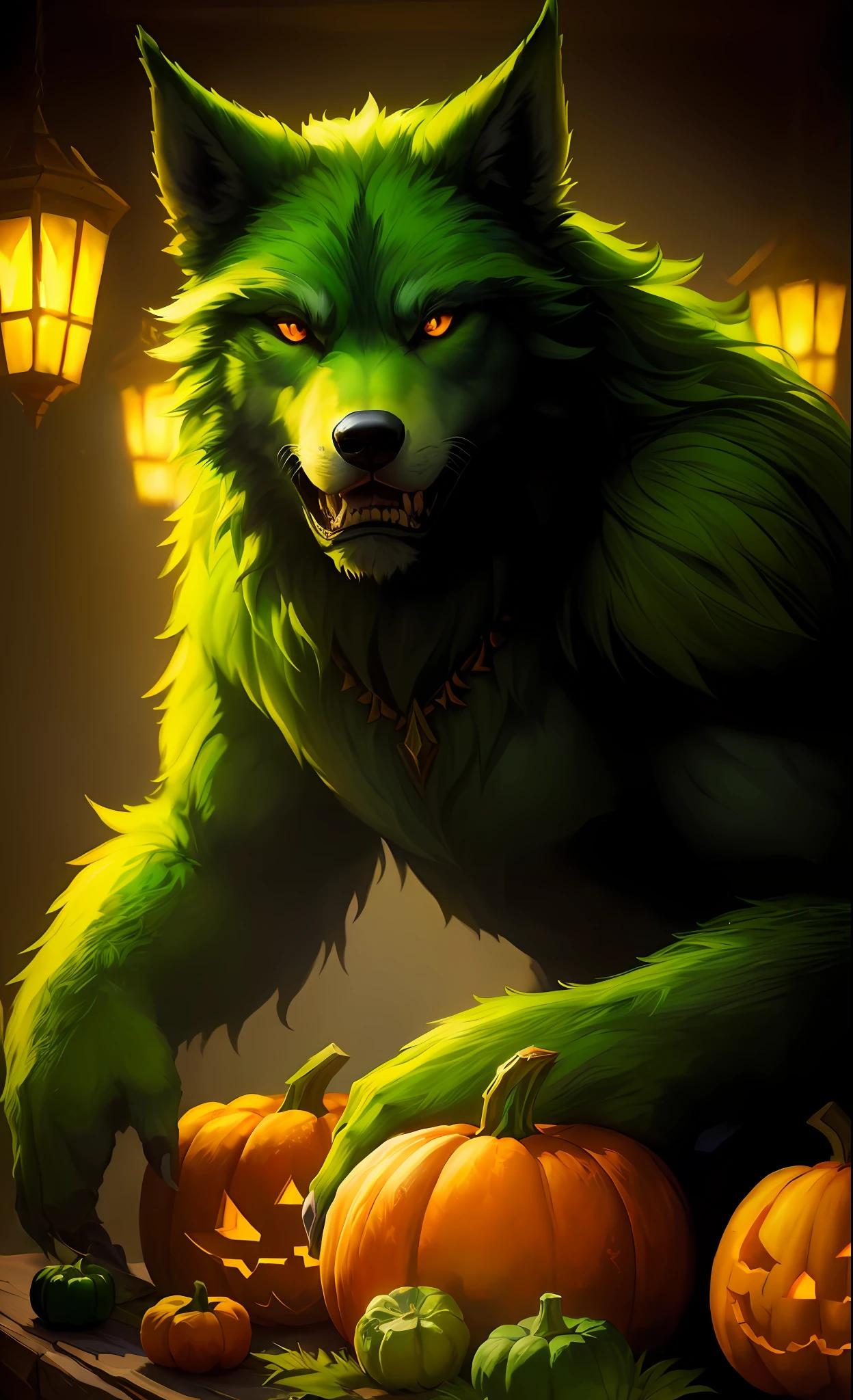 A closeup of a green furry animal with pumpkins, arte de fantasia peluda, lobo peludo, arte peluda muito bonita, Retrato de personagem peludo, Estilo de arte do mundo de Warcraft, Arte peluda!!!, Fenrir, Arte peluda, arte digital peluda, arte de mawshot peludo, arte fursona, hearthstone card art, lobisomem musculoso, arte do antro, anthropomorphic wolf