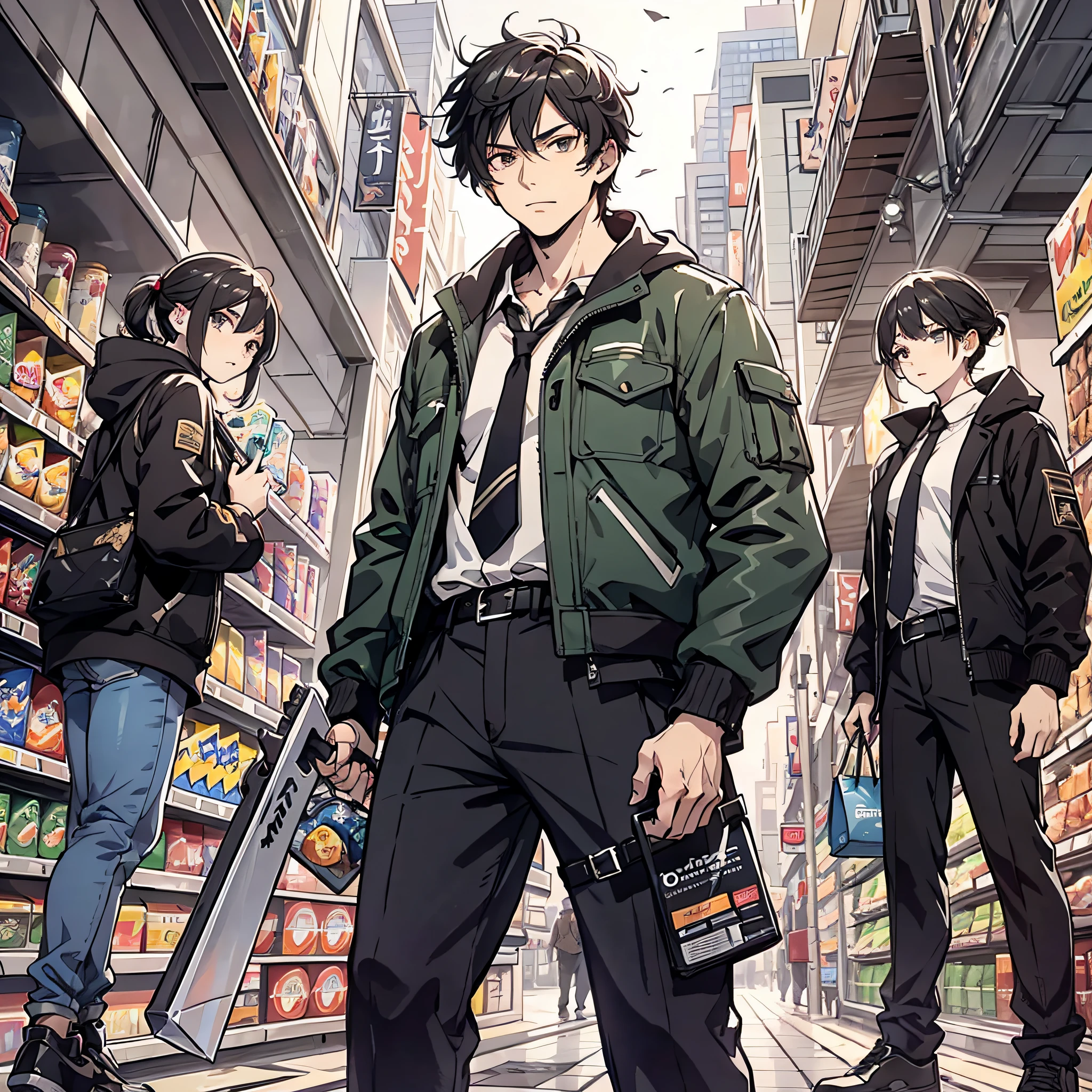 Ridiculous resolution，A high resolution，（tmasterpiece：1.4），Hyper-detailing，A group of men and women，holding a weapon，Supermarket，The expression is serious