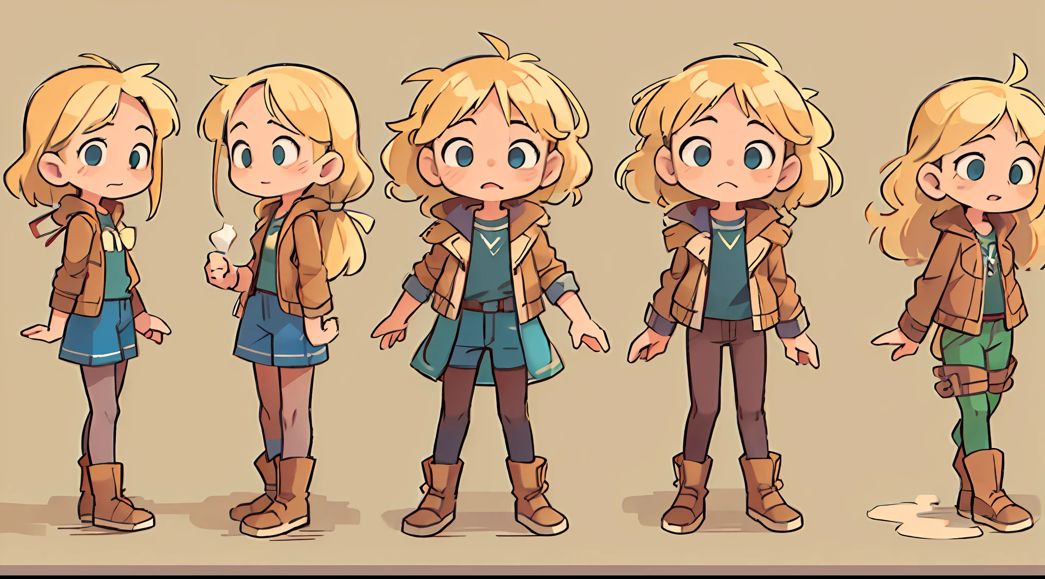 cute, illustration, cartoon, comic, full body, different angles, children book character, in the style of kids book character, character sheet, ((simple white background)), (10 year old girl with curly blonde hair, bright blue eyes, short) she wears a tattered explorer's outfit with a brown leather jacket, cream-colored blouse, forest green knee-length pants, and sturdy brown leather boots