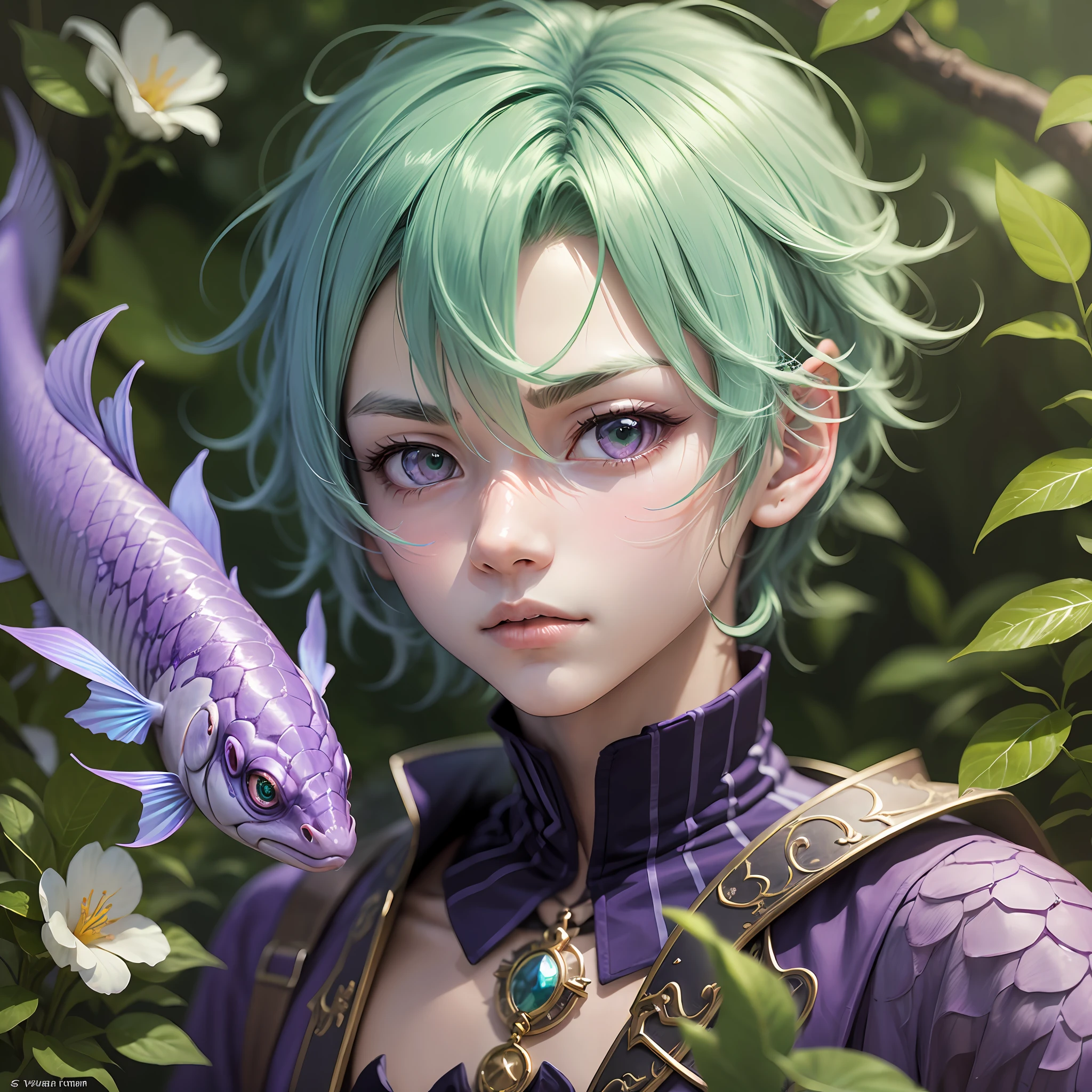an anime boy with fish-scaly skin, purple snake boy, he has a light green eye, he has purple hairs, he looks serious, magical boy, he is in the forest , he wears purple clothes --auto --s2