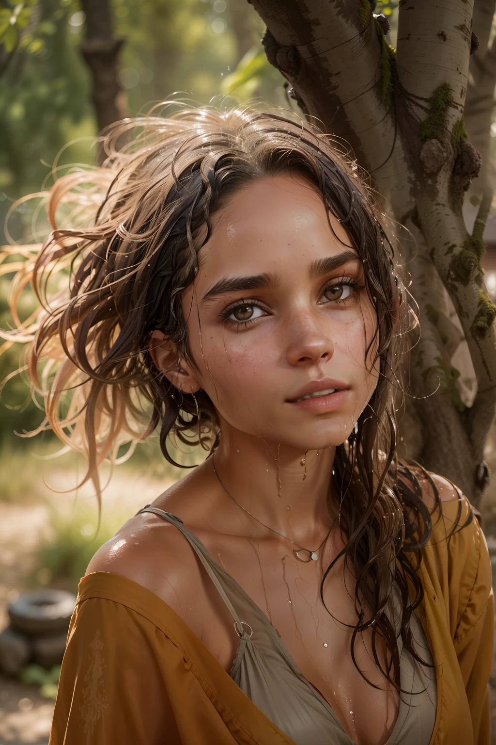 ((Zoe Kravitz)), ((sie steht in der Savanne unter einem Baum)), bedrohliche Gewitterwolken im Hintergrund, ((es regnet)), ((wet clothing)), ((wet hair)), (wet body), (she wears an ochre-colored long dress), ((she has round breasts)), (kleiner Kopf), ((detailliertes Gesicht)), Weiches filmisches Licht, ((((Kino-Look)))), (fotorealistisch), (Raytracing), (scharfer Fokus), ((natural realistic skin texture)), detailliertes Gesicht, detaillierte Lippen, detaillierte Augen, doppeltes Augenlid, (1 Bild), (1 Frau)