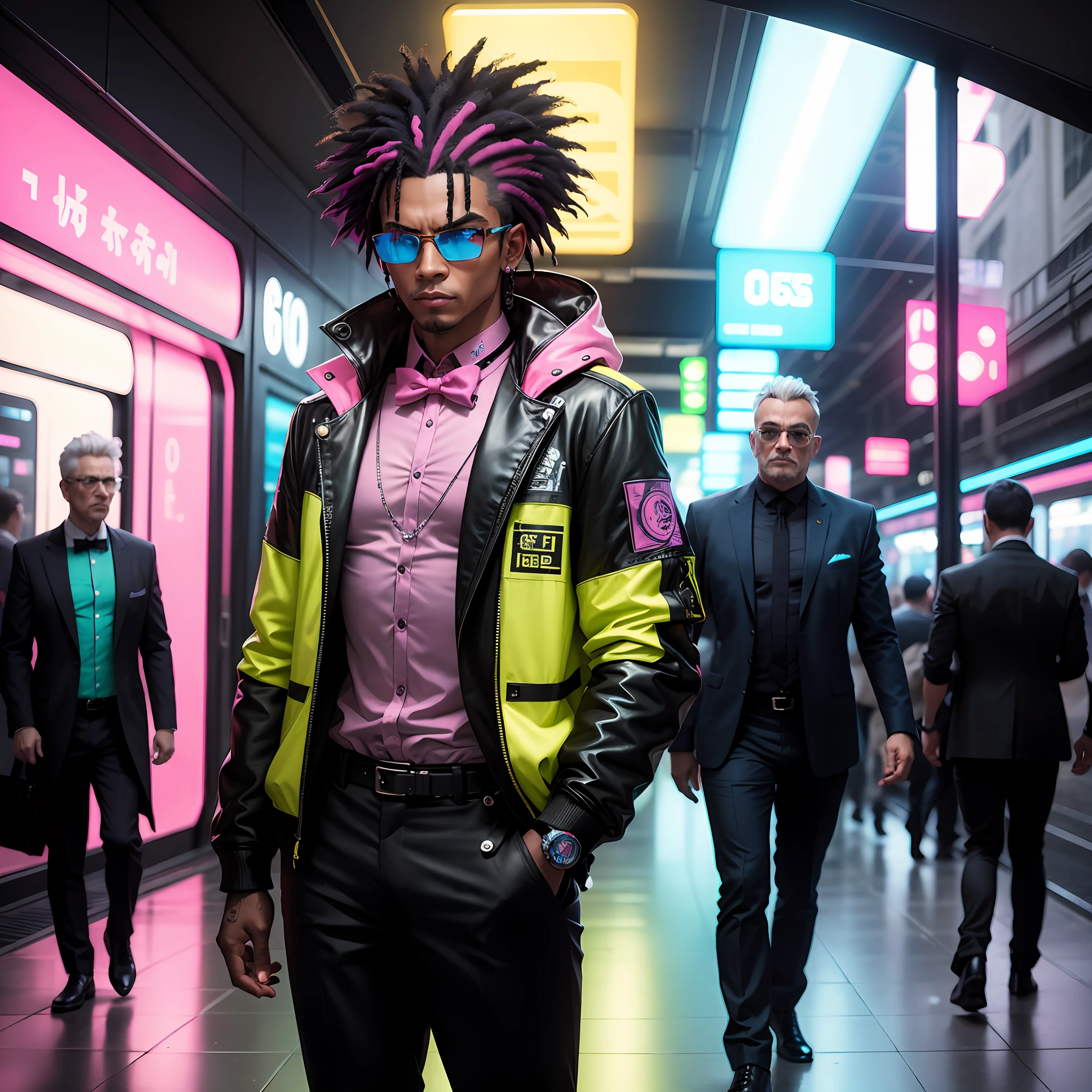 gostaria de uma imagem estilo cyberpunk em 4k de um homem de mais ou menos 45 anos , forte, de pele negra ,com cabelo punk estilo anos 80 na cor azul neon,cabelo azul ,muito eLegante,, futurista e estiloso neon , com uma tatuagem super colorida e com neon ,Toattoo, oculos futurista,oculos, facing a metro station on the platform , with station lights failing in a dimly lit environment, standing dressed in a dark yellow suit with a pink bow tie