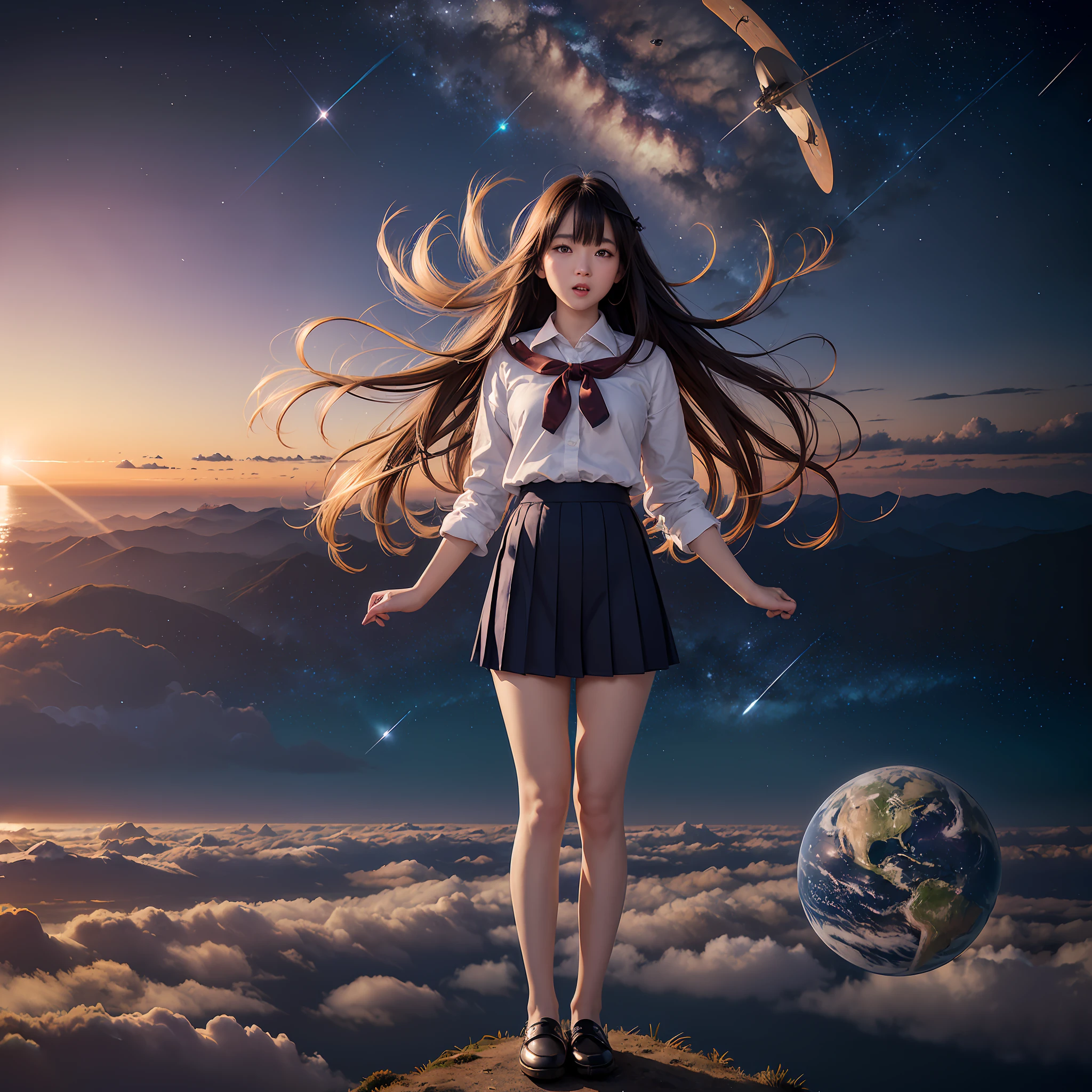 ((unparalleled masterpiece ever、best qualtiy、erfect artwork))、(realisitic, Photorealsitic:1.37)、kosmos、(Floating in outer space))、hovering、levitation、Aerial jumps、Spread your arms wide、Open posture、(slightly curled legs:0.2)、weightless、((weightless))、1girl in、年轻、cute little、(JK Uniform)、serafuku、espadrilles、((Twin-tailed))、((Floating hair))、Medium length、Surprised、Attracted、Perplexed、I'm interested、((open open mouth))、Look at viewers、((Planet Earth as a background))、intergalactic、stele、planetes、milkyway、shooting stars、spaceships、Space Colony、((full body seen))、very detailed and professional lighting、photon maping、Radio City、physically-based renderingt、Ray traching、breath taking、astonishing、finely detail、unbelievable Ridiculous、huge filesize、ultra-detailliert、hight resolution、the Extremely Detailed CG Unity 8K Wallpapers、a beautiful detailed girl、extremely detailed eye and face、beatiful detailed eyes