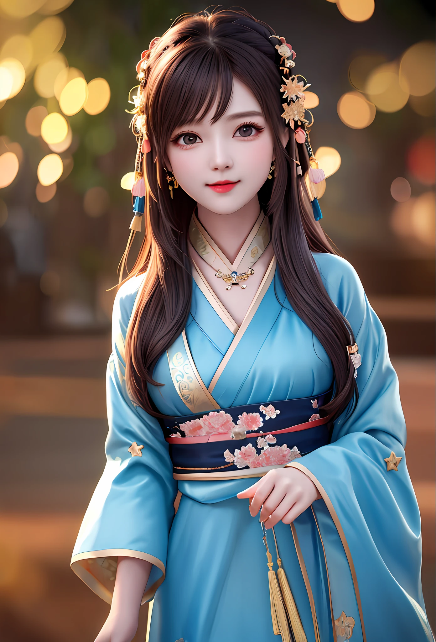 best quality, masterpiece, highres, 1girl,blush,(seductive smile:0.8),star-shaped pupils,china hanfu,hair ornament,necklace, jewelry,Beautiful face,upon_body, tyndall effect,photorealistic, dark studio, rim lighting, two tone lighting,(high detailed skin:1.2), 8k uhd, dslr, soft lighting, high quality, volumetric lighting, candid, Photograph, high resolution, 4k, 8k, Bokeh
